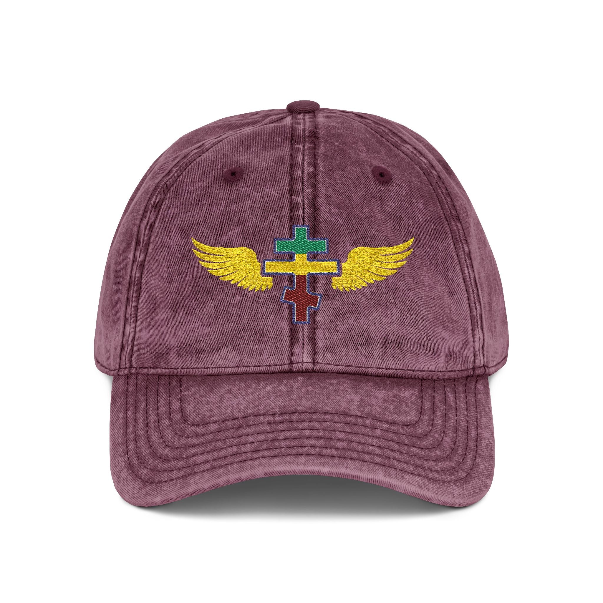 Ethiopian Orthodox cross with wings embroidered on vintage cotton twill cap -- additional view 4