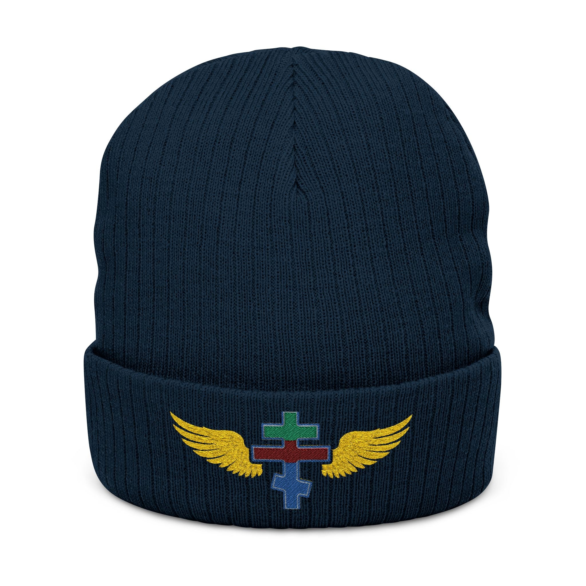 Eritrean Orthodox cross with wings embroidered on ribbed knit beanie -- additional view 3