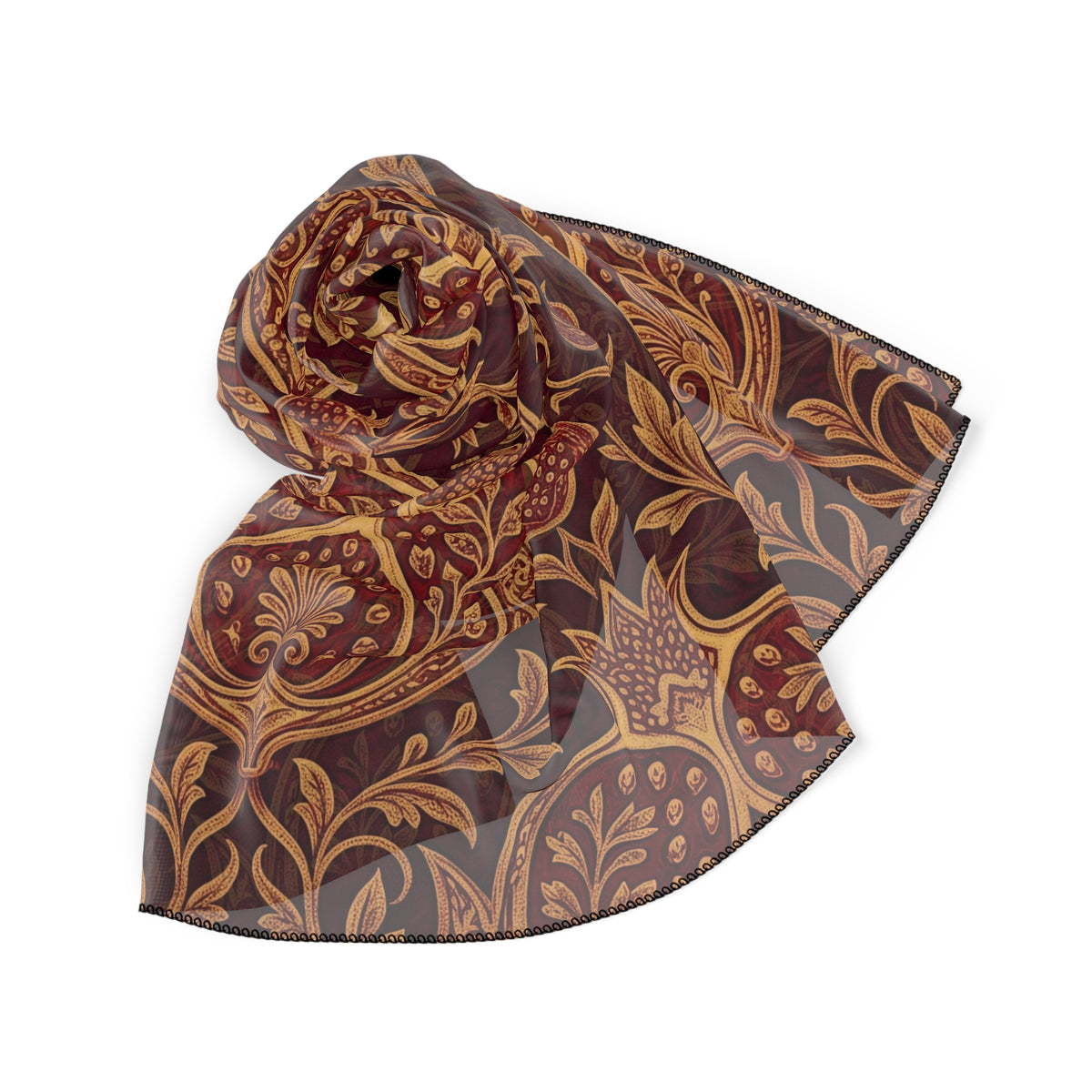 Byzantine Pomegranate Orthodox Christian headscarf featuring gold pomegranate and scrollwork motifs on a deep burgundy