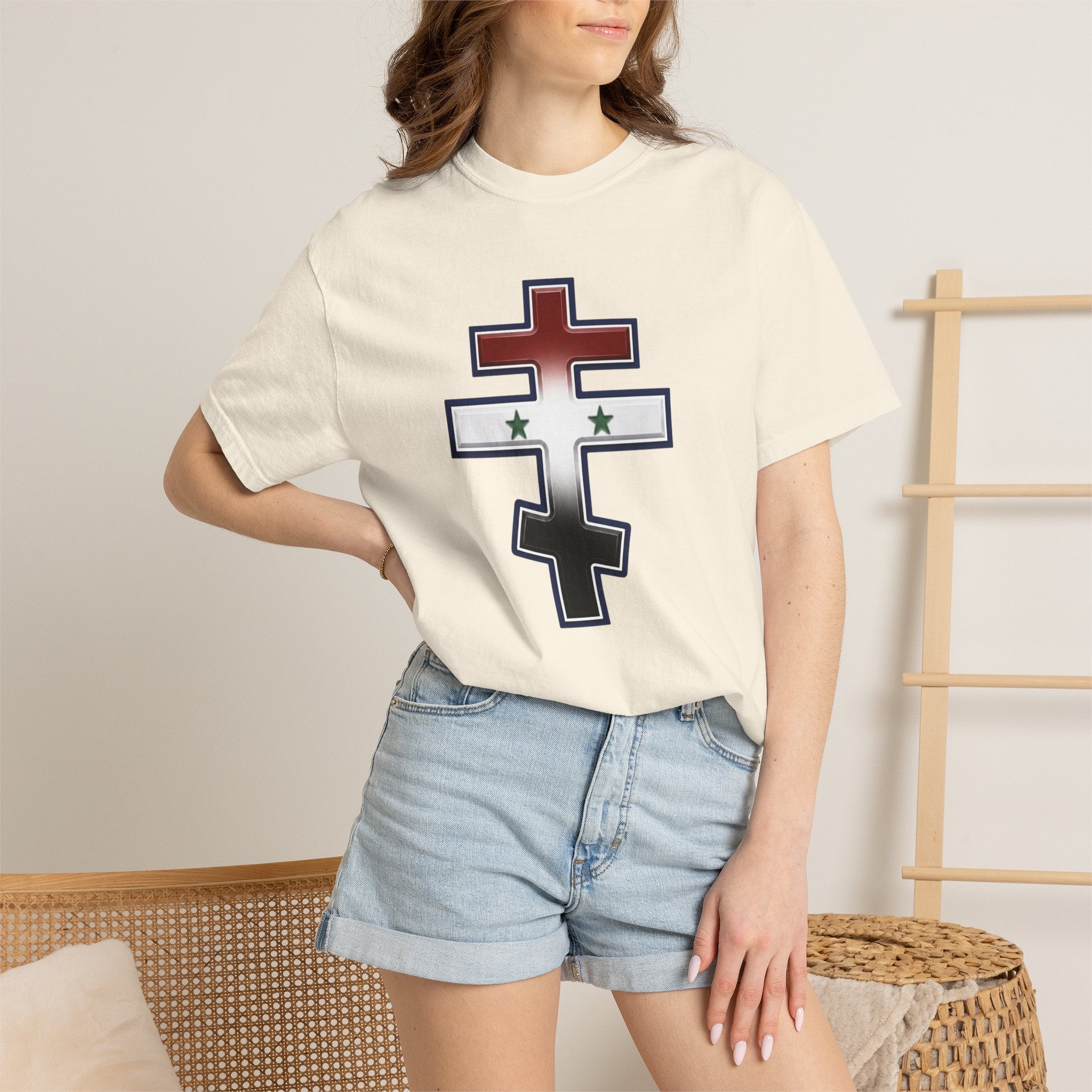 Syrian Orthodox Cross design on a heavyweight garment-dyed t-shirt