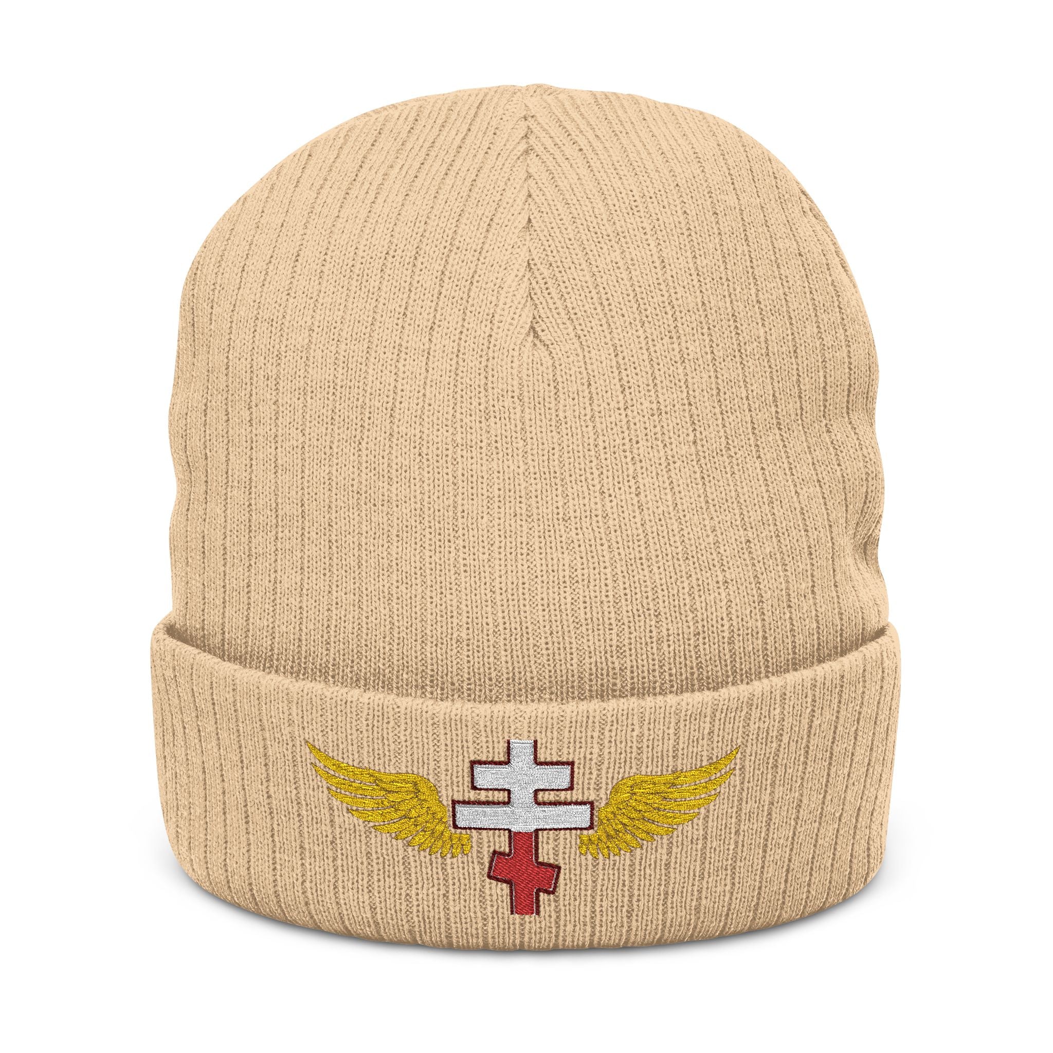Polish Orthodox cross with wings embroidered on ribbed knit beanie -- additional view 2