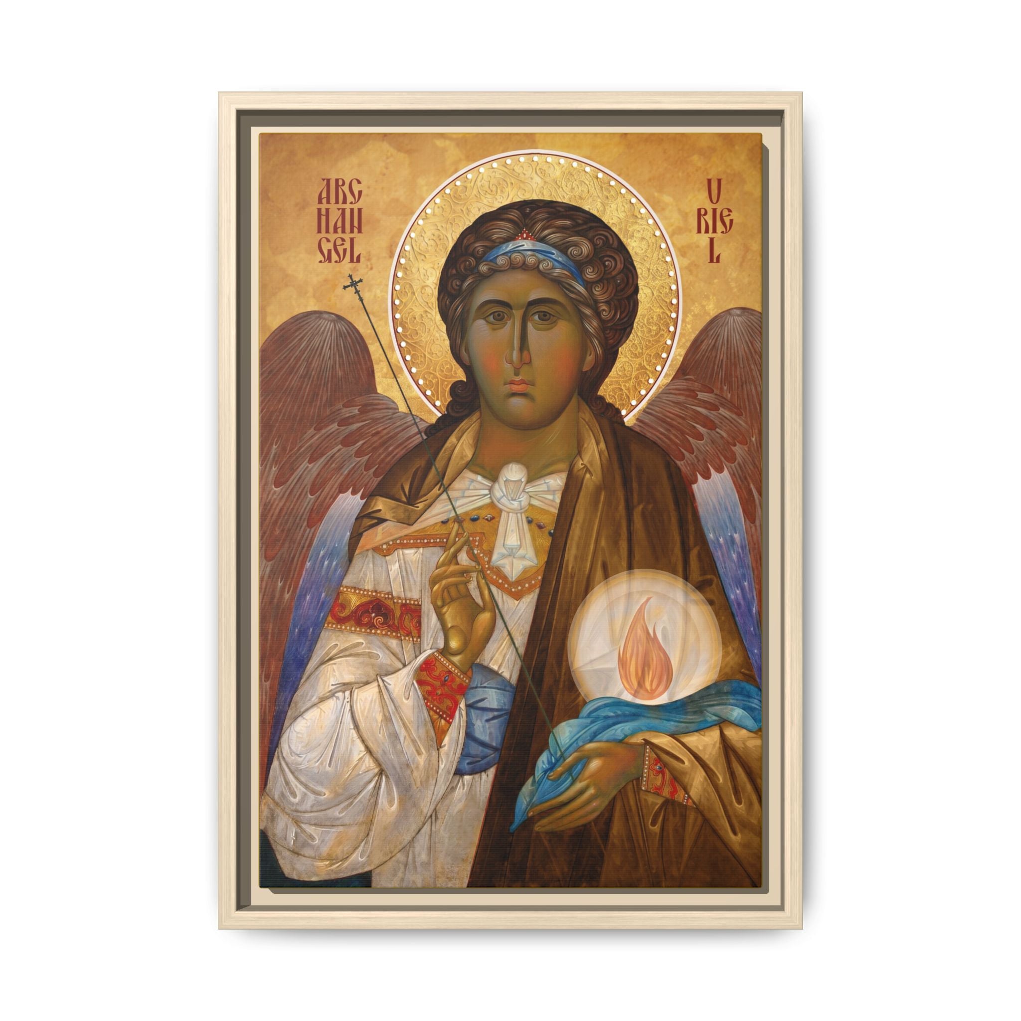 Framed canvas icon of Archangel Uriel, traditional Orthodox Christian artwork