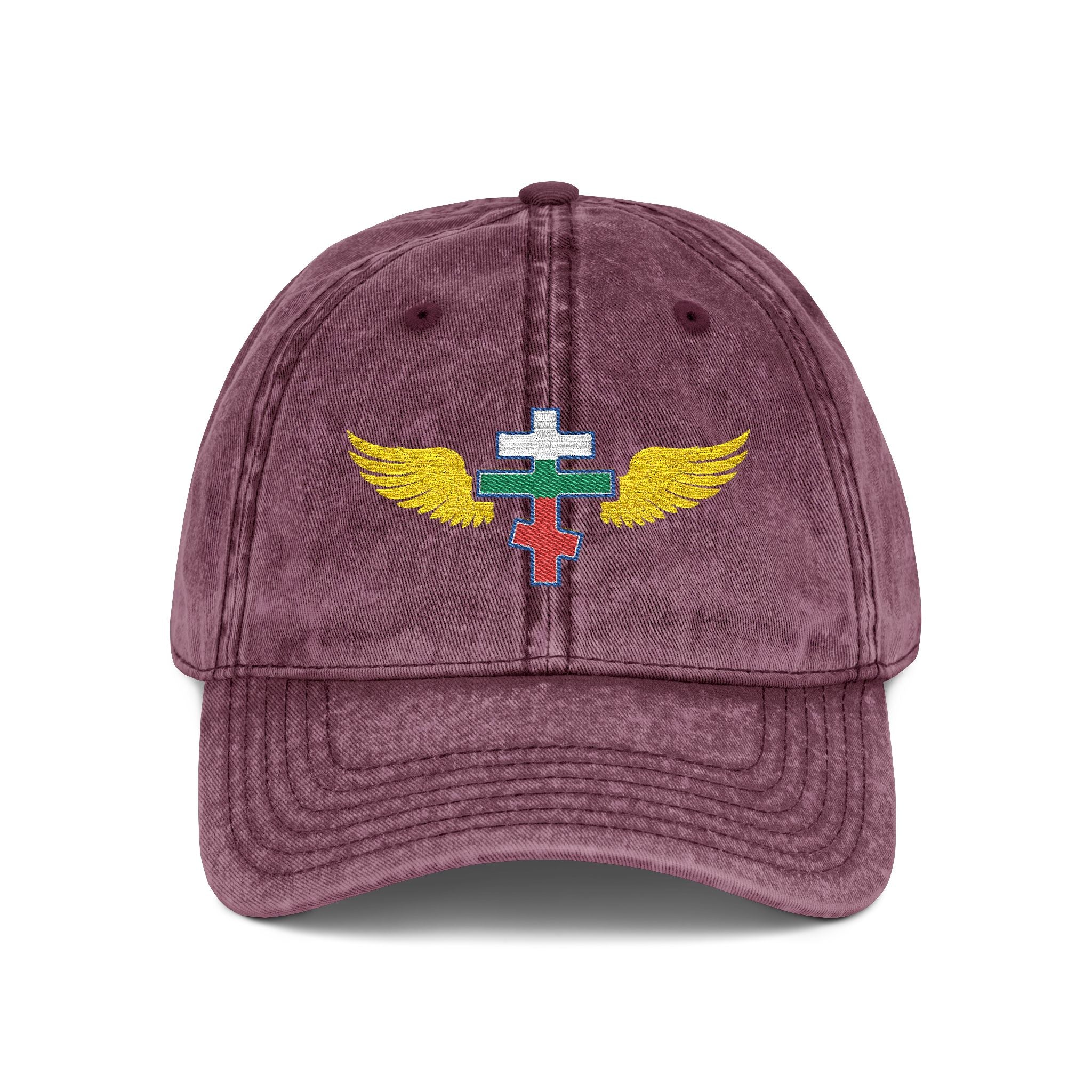 Bulgarian Orthodox cross with wings embroidered on vintage cotton twill cap -- additional view 4