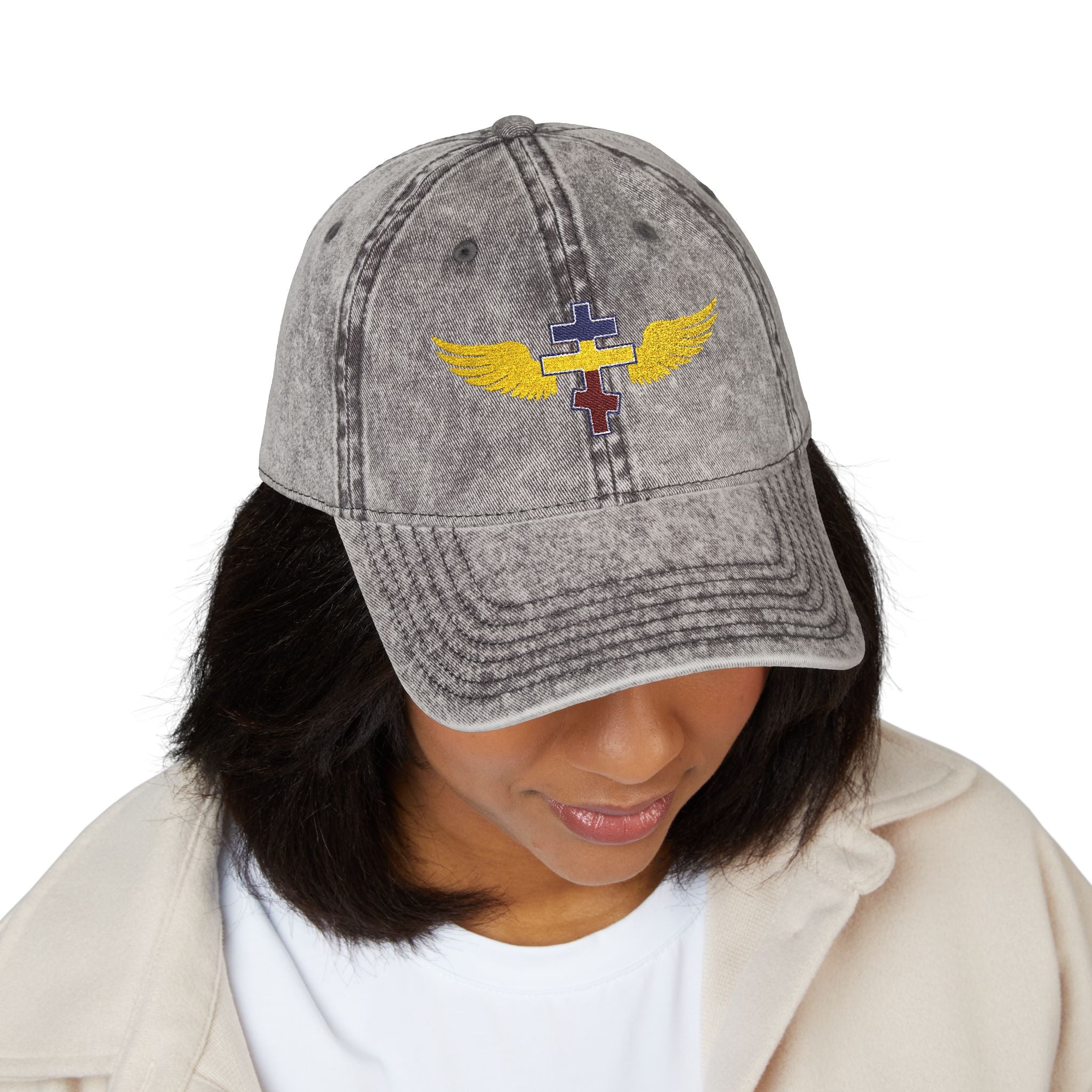Ugandan Orthodox cross with wings embroidered on vintage cotton twill cap -- additional view 9