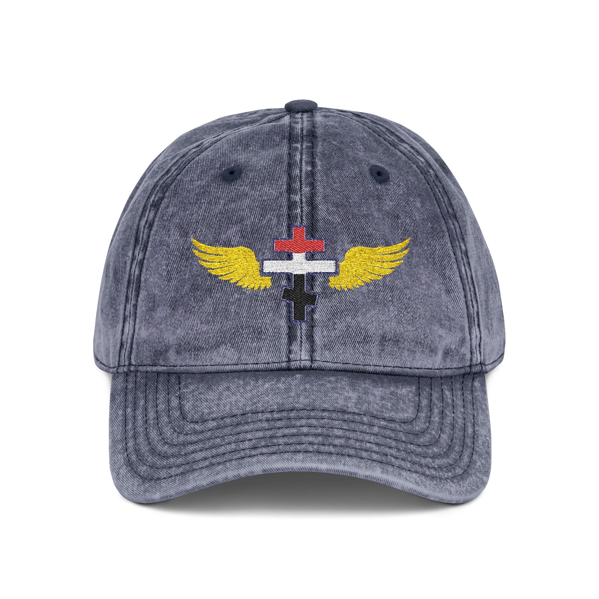 Egyptian Orthodox cross with wings embroidered on vintage cotton twill cap -- additional view 3