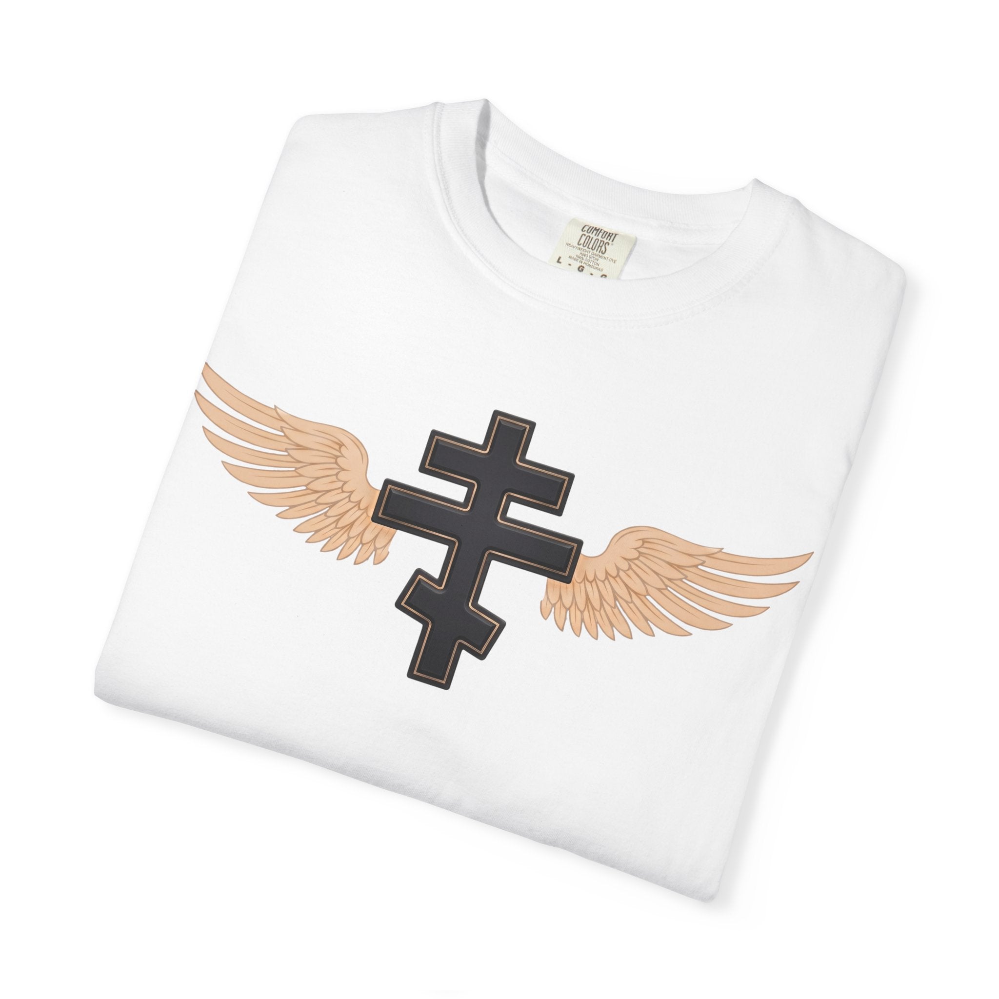 Classic black winged classic Orthodox cross design on a heavyweight garment-dyed t-shirt