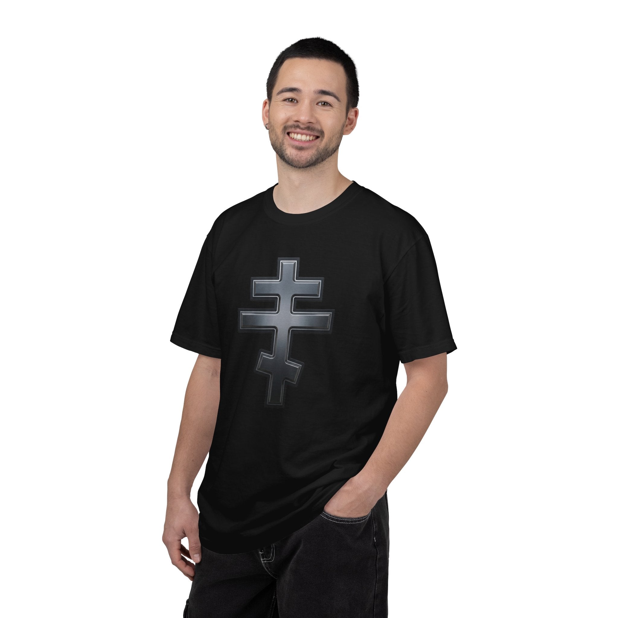 Classic black classic Orthodox cross design on a heavyweight garment-dyed t-shirt