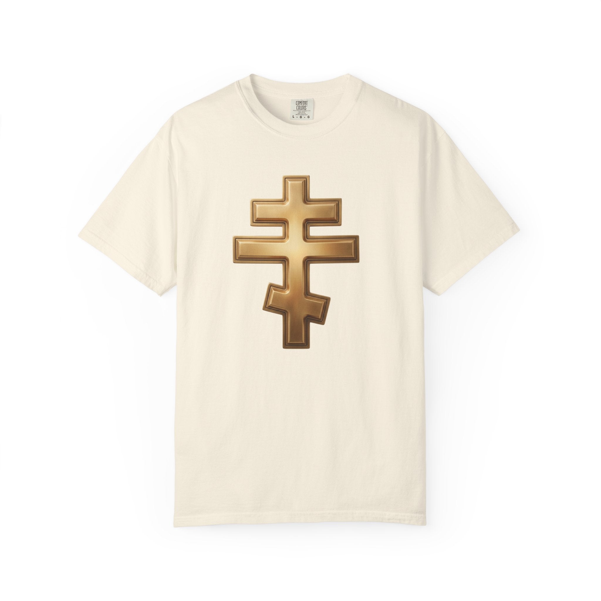 Classic gold classic Orthodox cross design on a heavyweight garment-dyed t-shirt