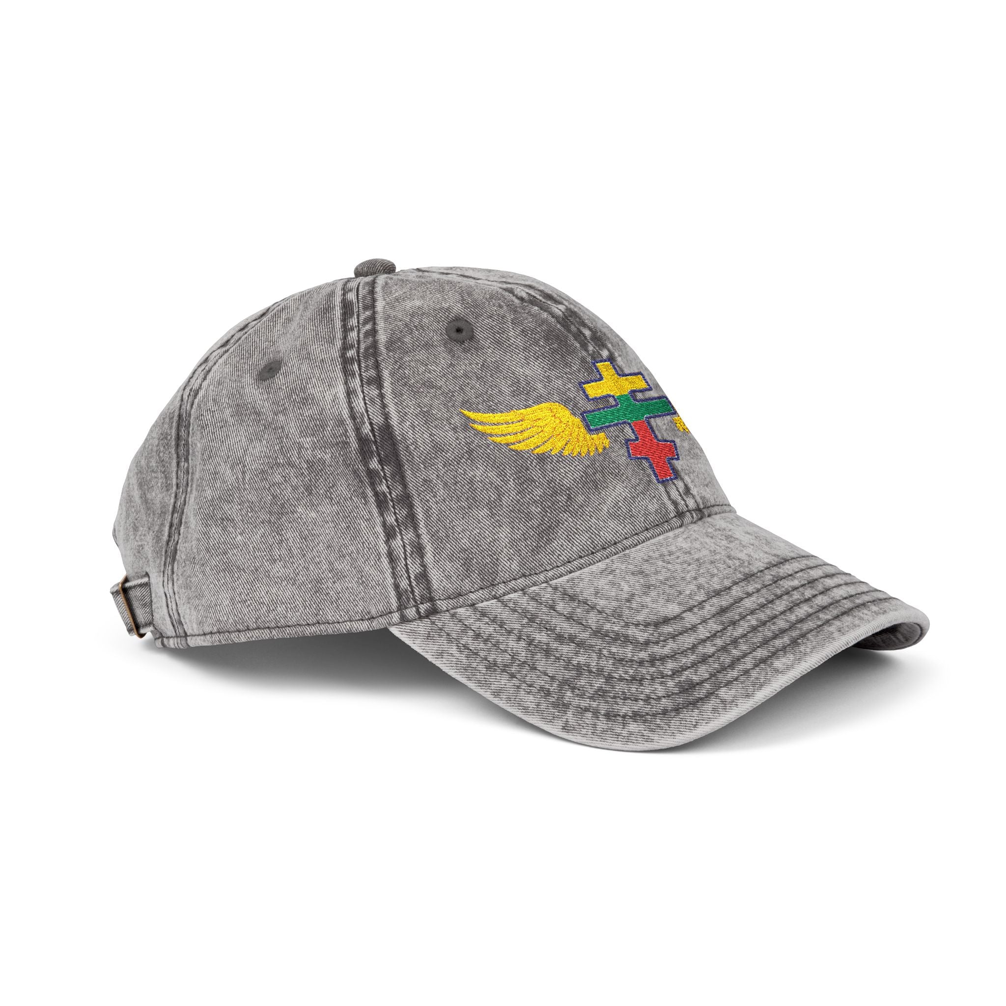 Lithuanian Orthodox cross with wings embroidered on vintage cotton twill cap -- additional view 5