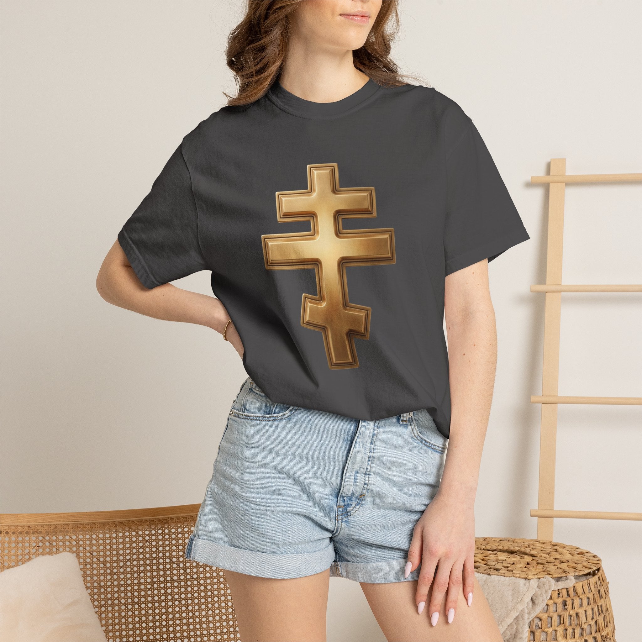 Classic gold classic Orthodox cross design on a heavyweight garment-dyed t-shirt
