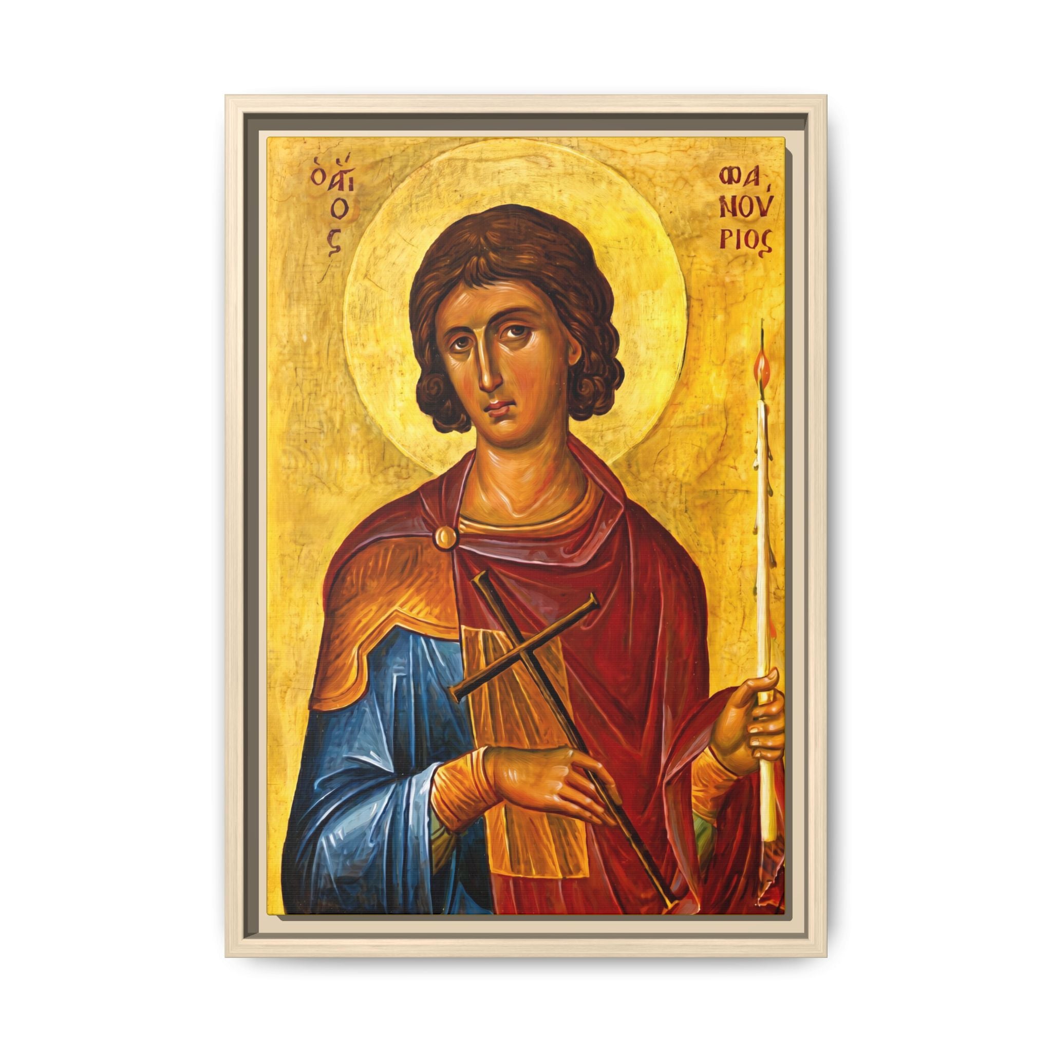 Framed canvas icon of Saint Fanourios, traditional Orthodox Christian artwork