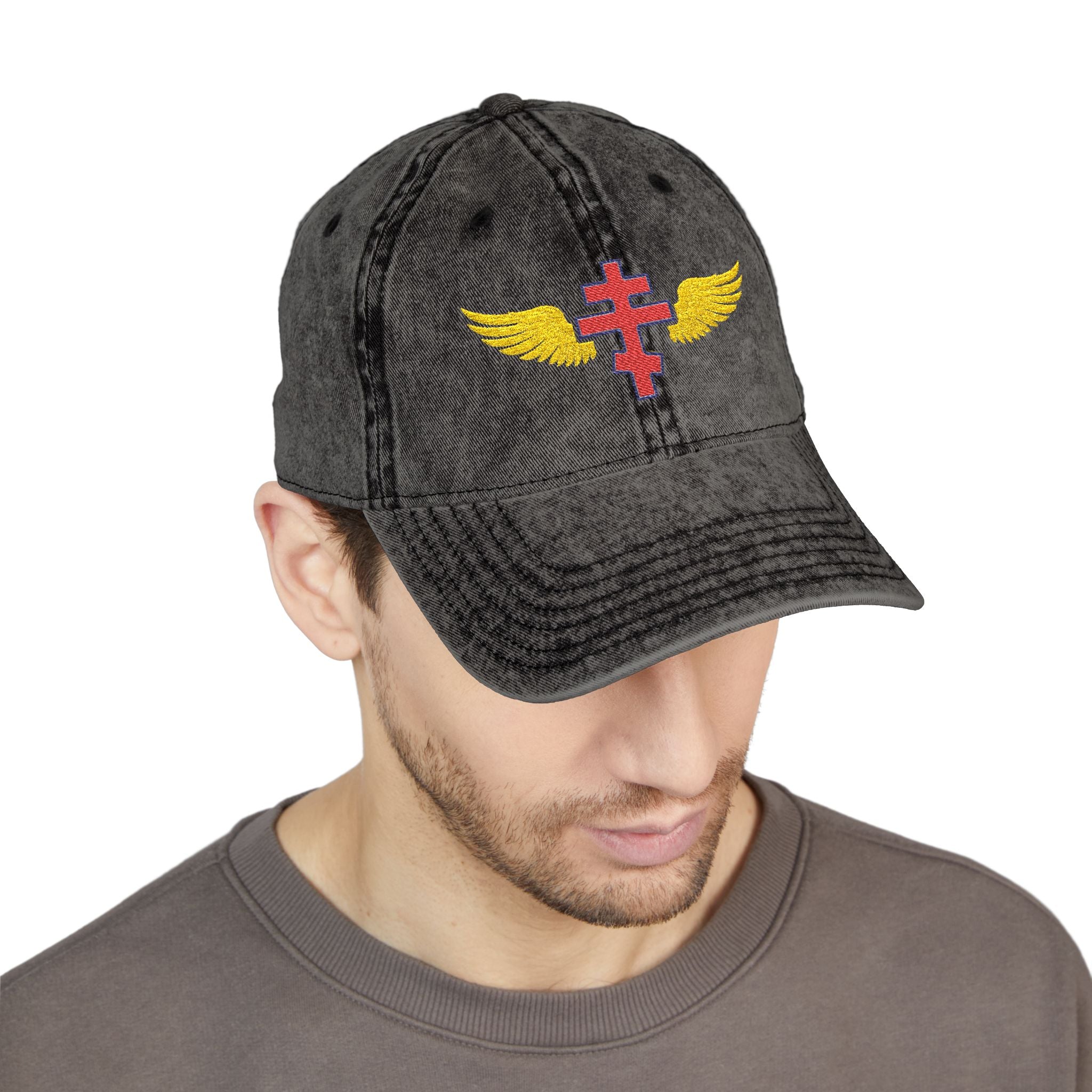 Montenegrin Orthodox cross with wings embroidered on vintage cotton twill cap -- additional view 7