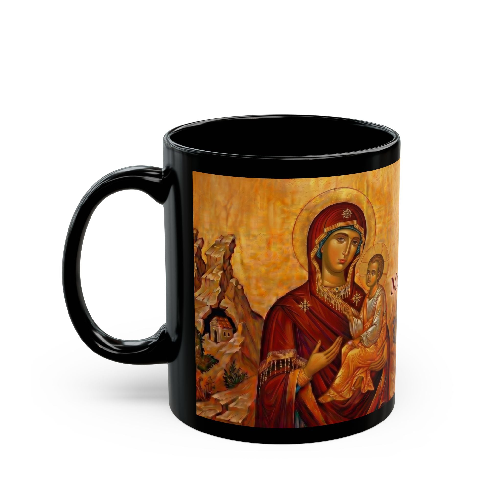 Theotokos of Tikhvin Orthodox Christian Black Coffee Mug — Orthodox Christian Gift
