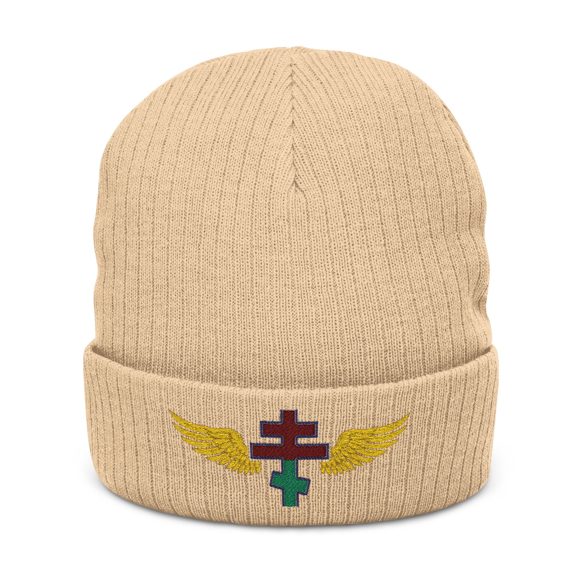 Belarusian Orthodox cross with wings embroidered on ribbed knit beanie -- additional view 2