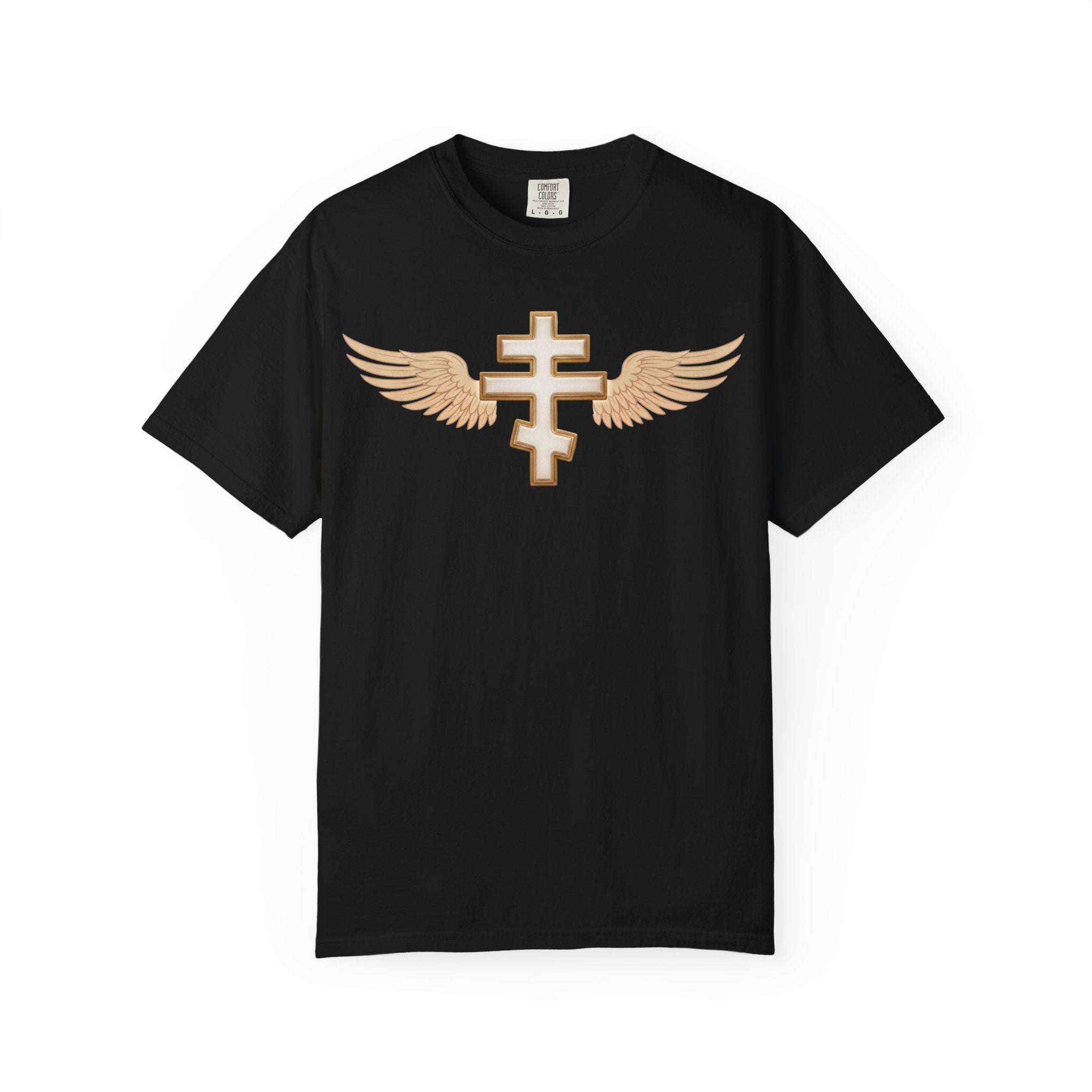 Classic white winged classic Orthodox cross design on a heavyweight garment-dyed t-shirt