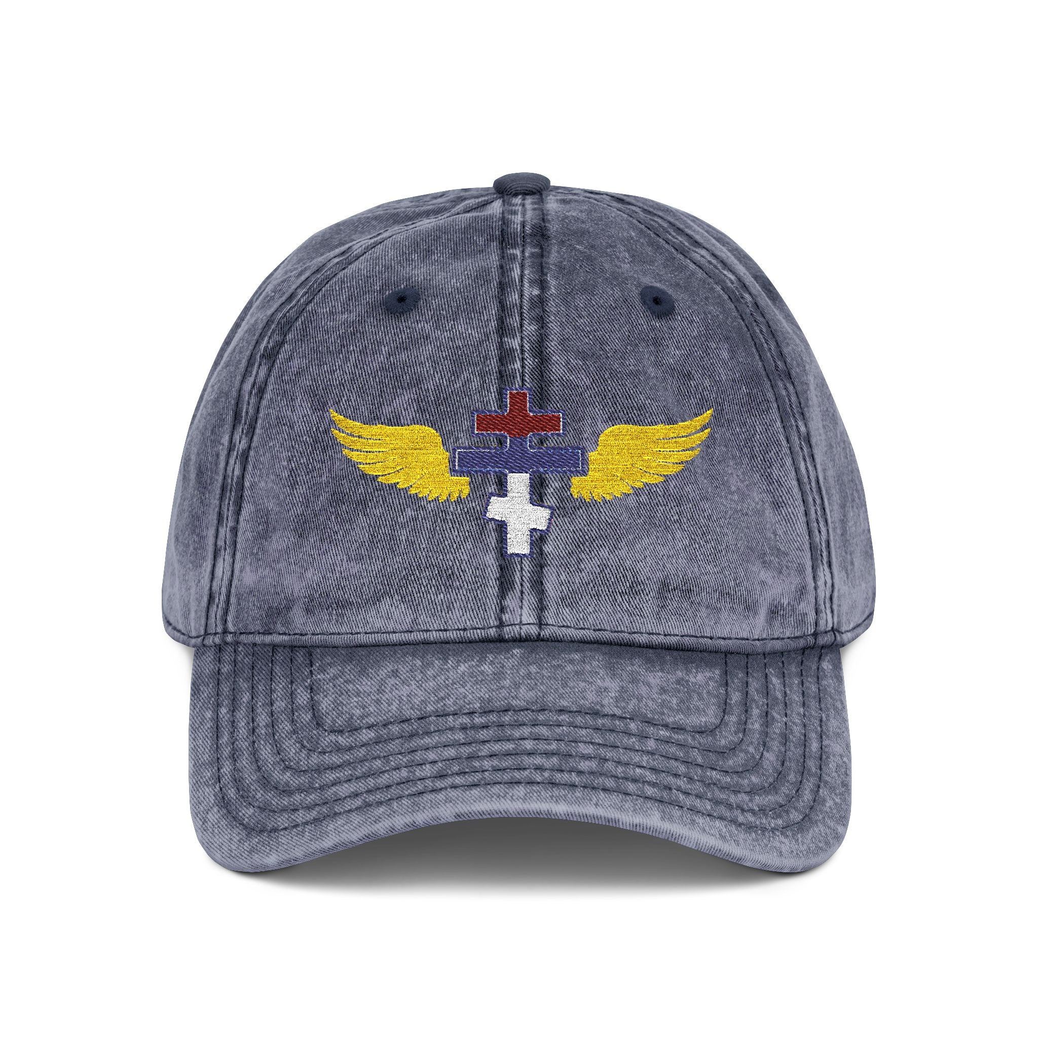 Serbian Orthodox cross with wings embroidered on vintage cotton twill cap -- additional view 3