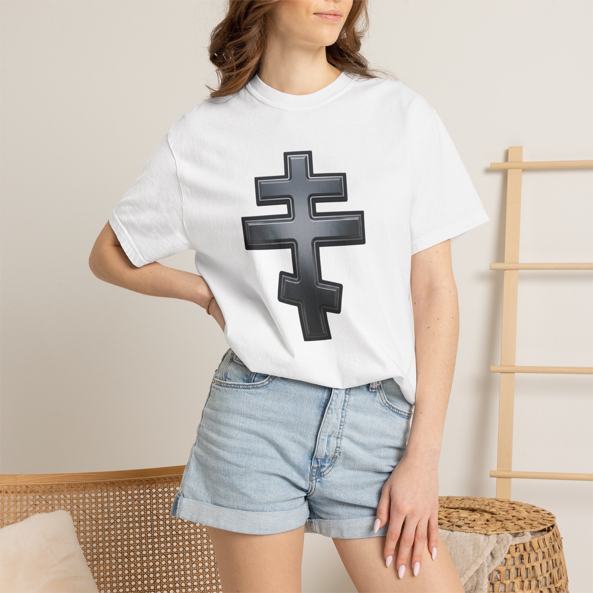 Classic black classic Orthodox cross design on a heavyweight garment-dyed t-shirt