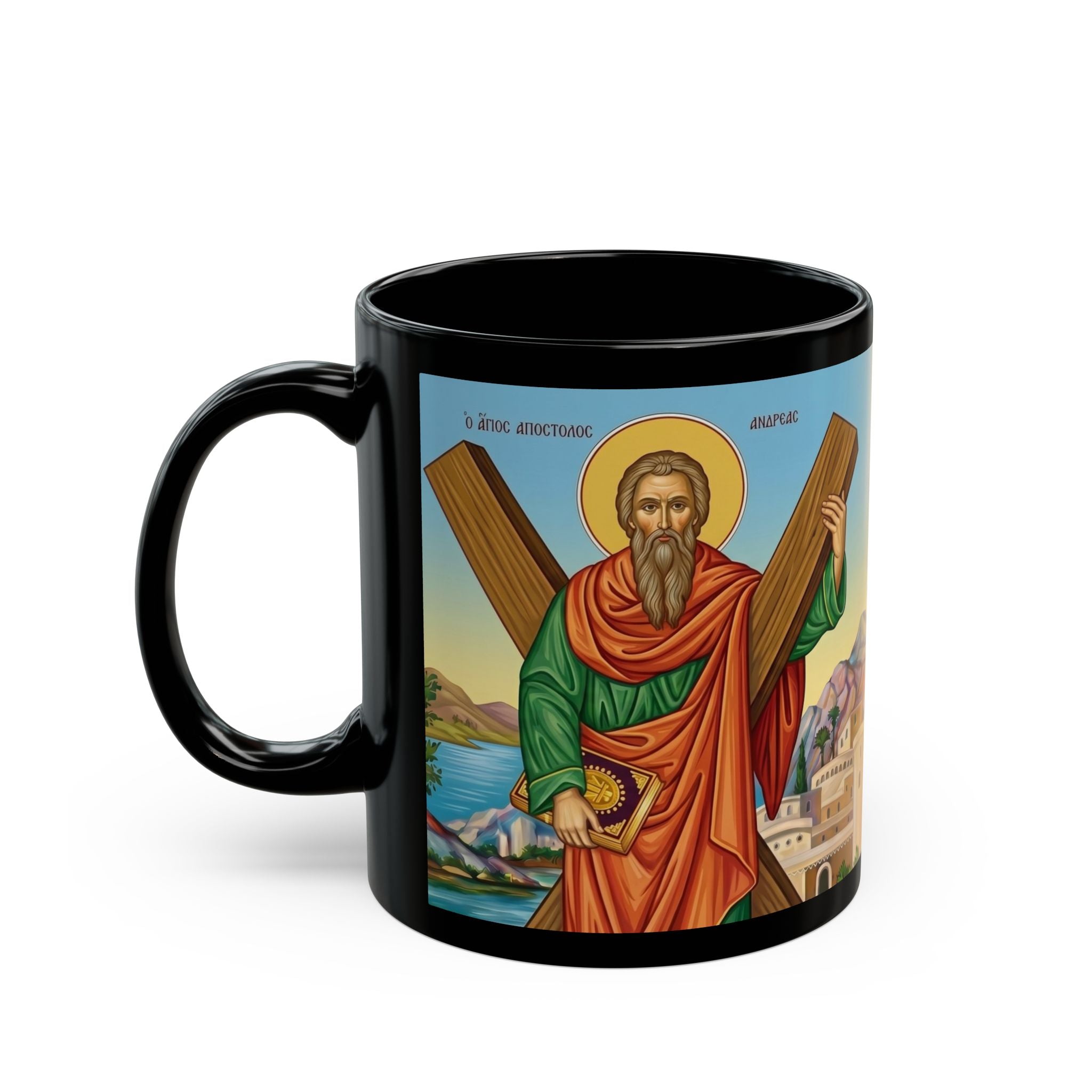 Saint Andrew the First-Called Orthodox Christian Black Coffee Mug — Orthodox Christian Gift