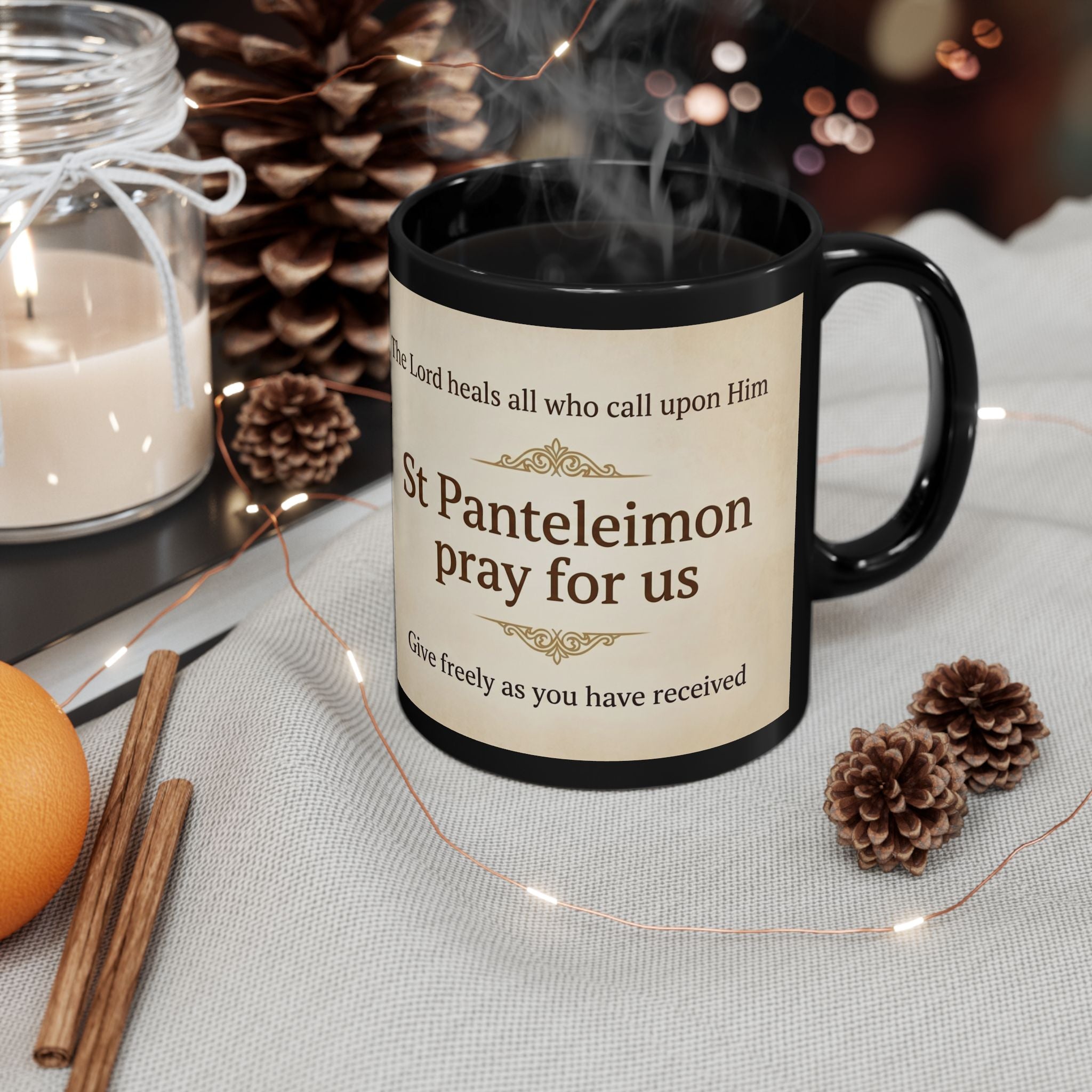 Saint Panteleimon the Healer Orthodox Christian Black Coffee Mug — Orthodox Coffee Mug