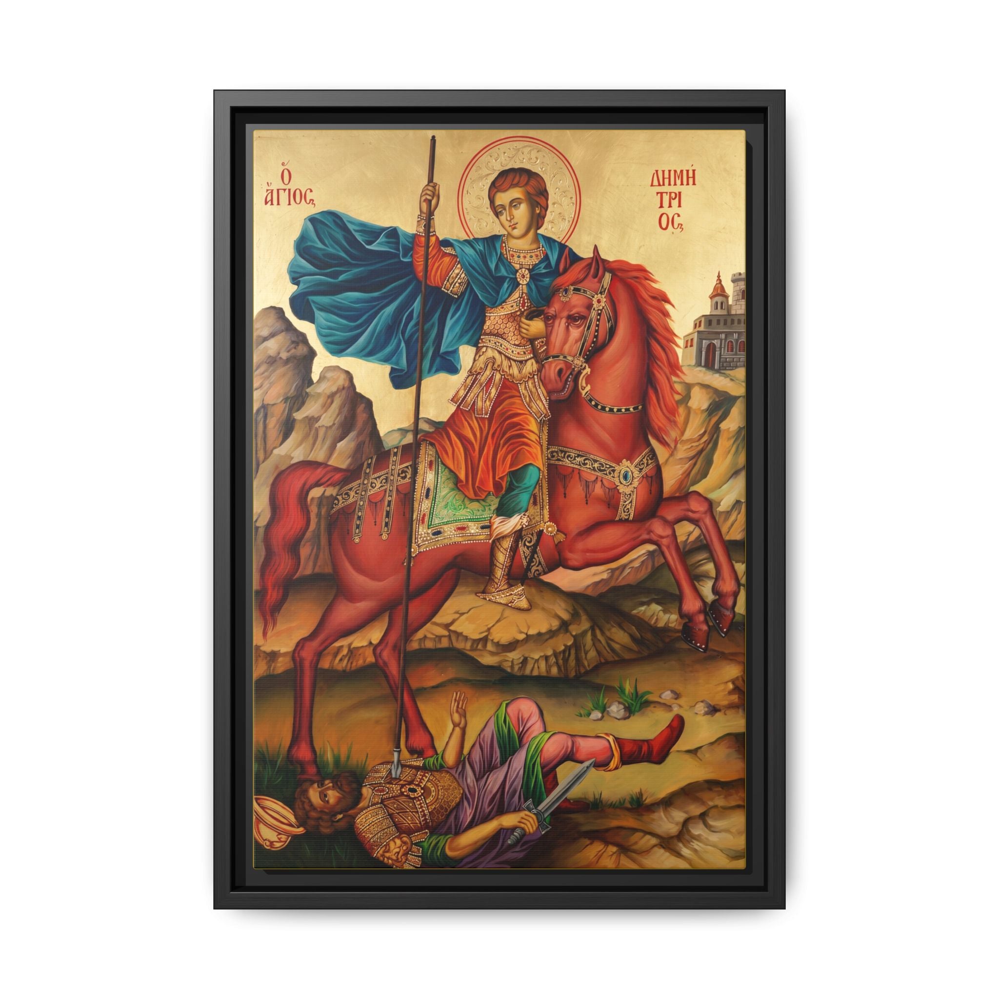 Framed canvas icon of Saint Demetrios of Thessaloniki, traditional Orthodox Christian artwork