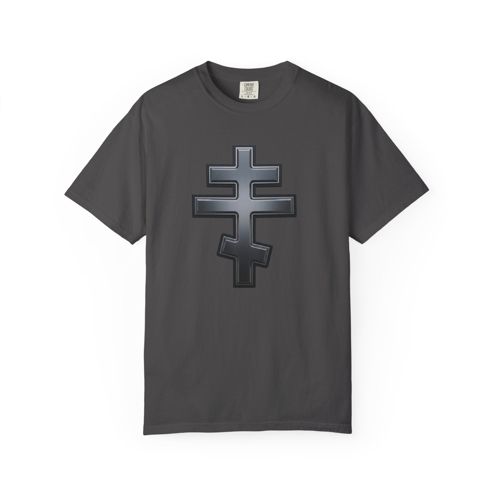 Classic black classic Orthodox cross design on a heavyweight garment-dyed t-shirt