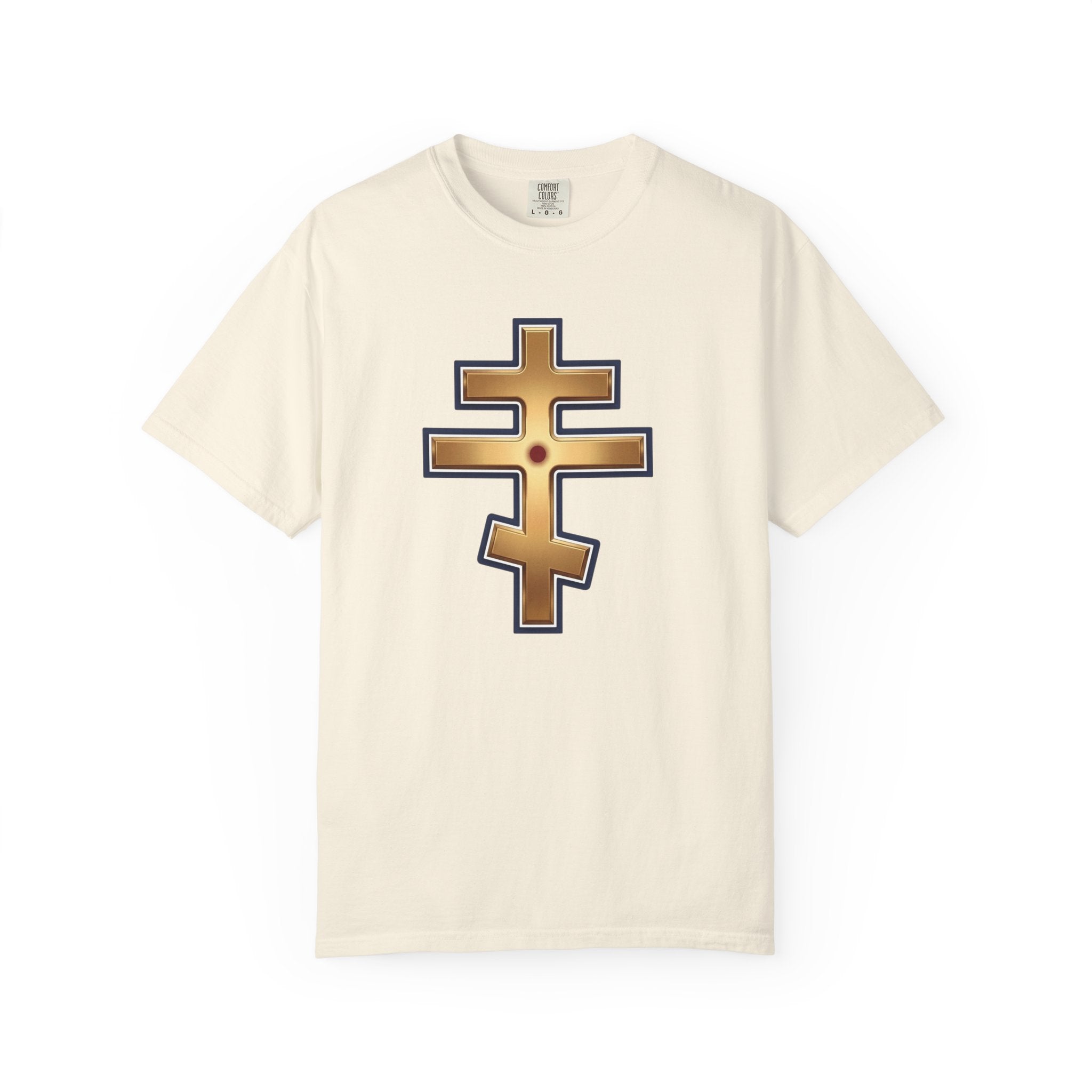 Jerusalem Orthodox Cross design on a heavyweight garment-dyed t-shirt
