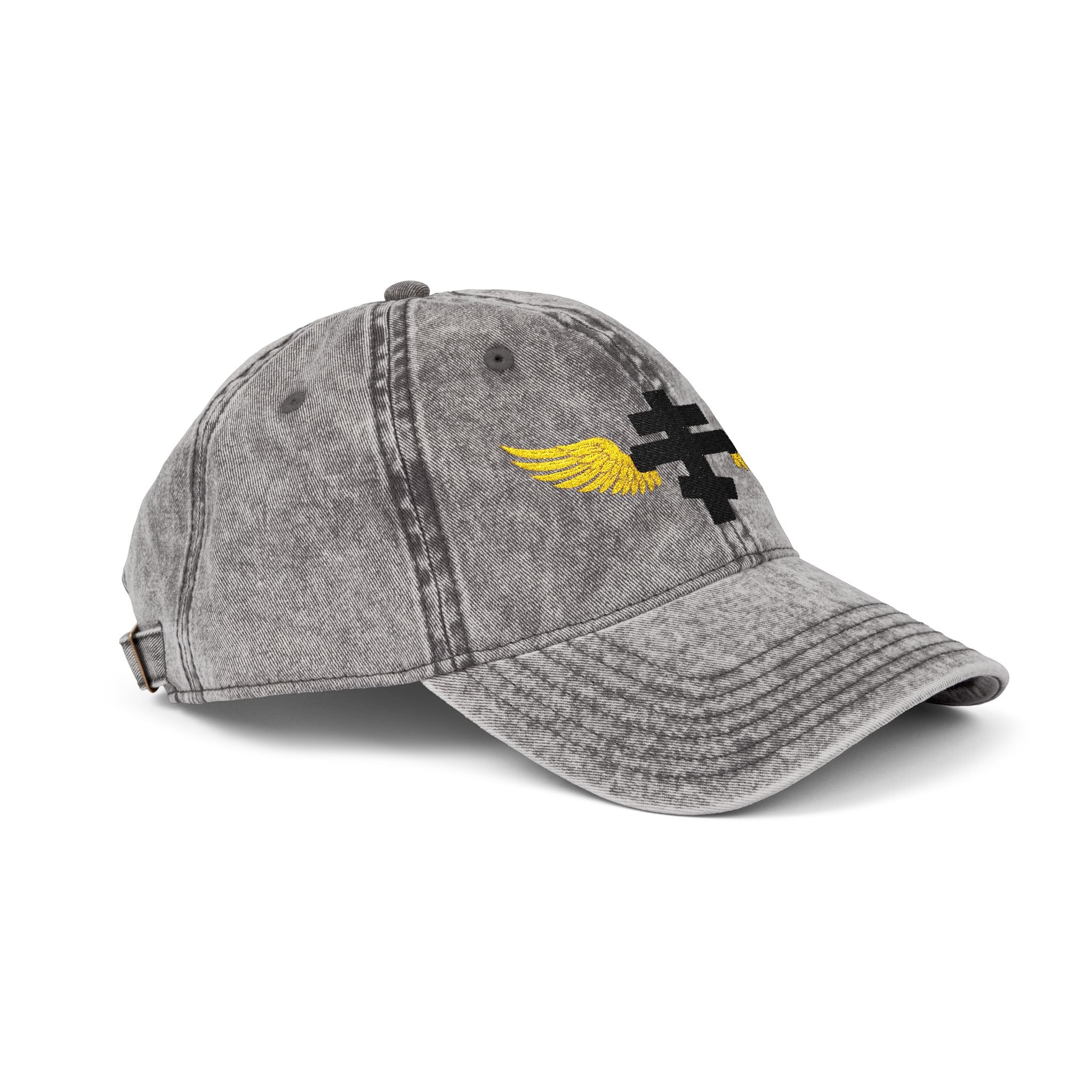 Black Orthodox cross with wings embroidered on vintage cotton twill cap -- additional view 5