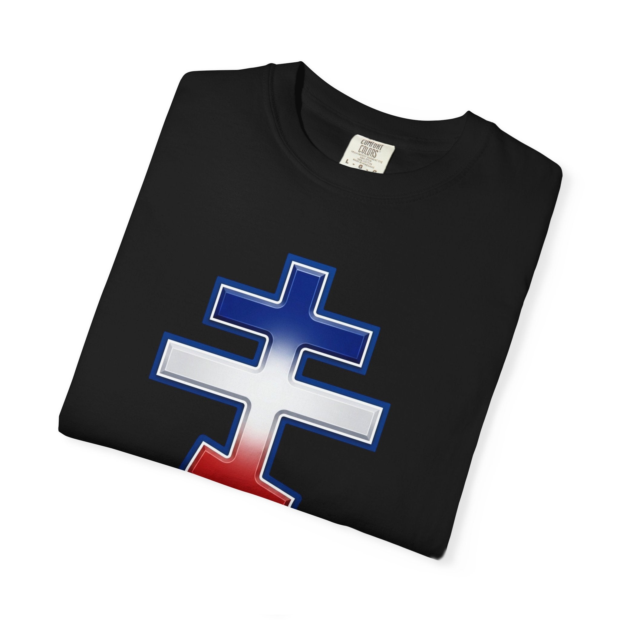 French Orthodox Cross design on a heavyweight garment-dyed t-shirt