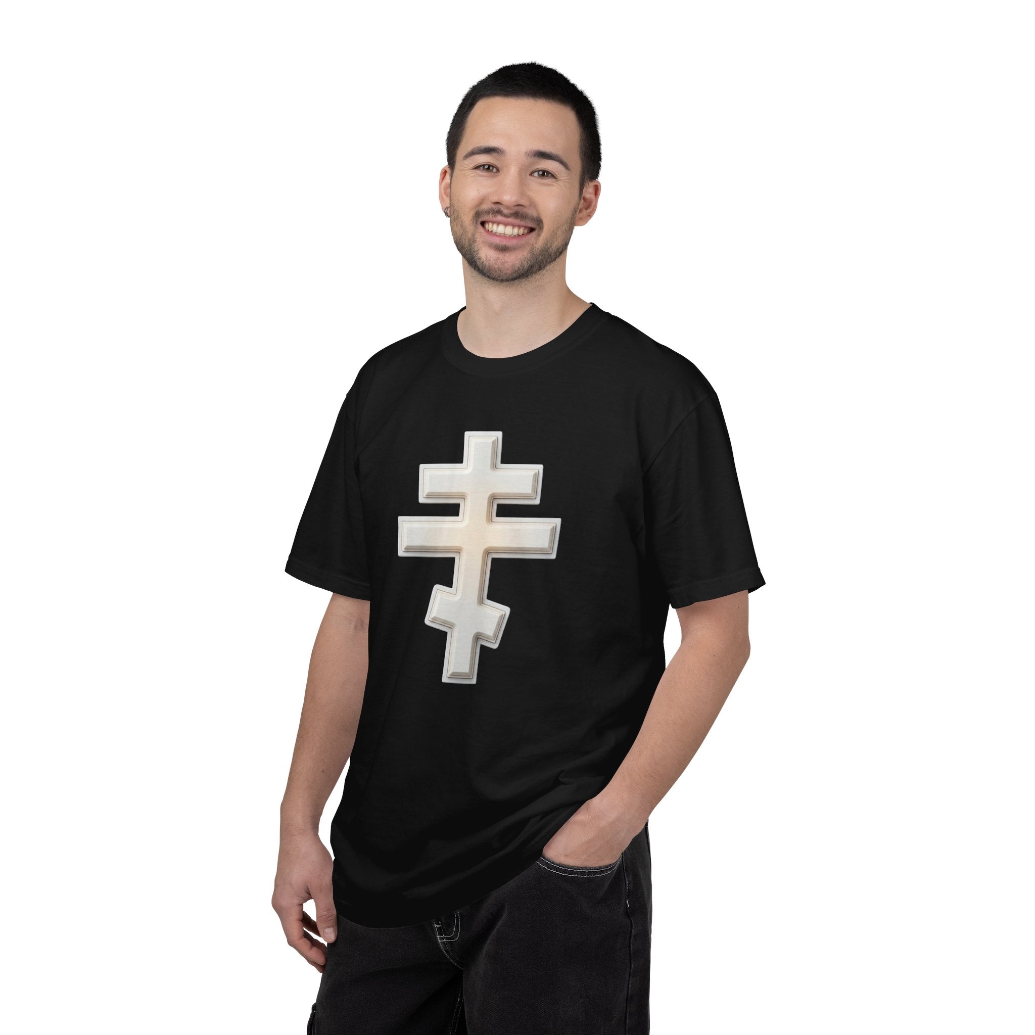 Classic white classic Orthodox cross design on a heavyweight garment-dyed t-shirt