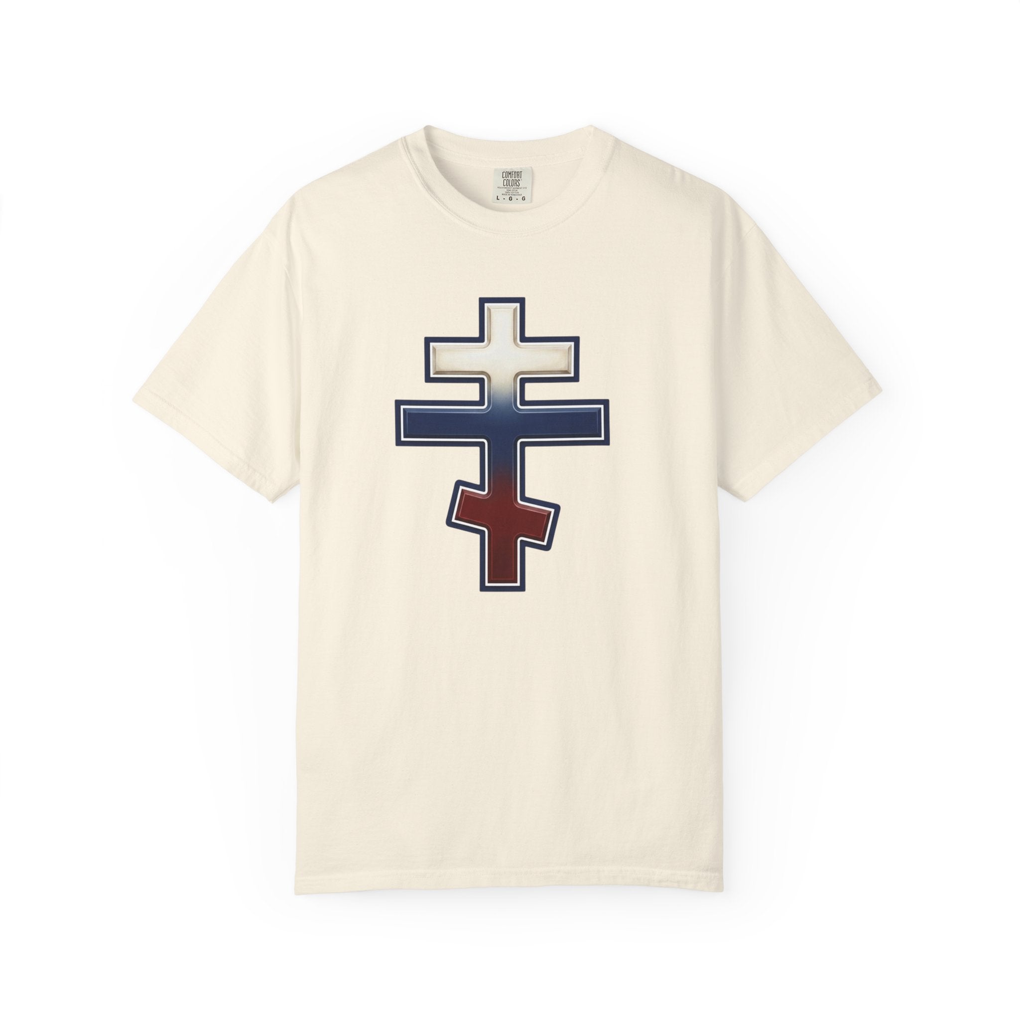 Russian Orthodox Cross design on a heavyweight garment-dyed t-shirt