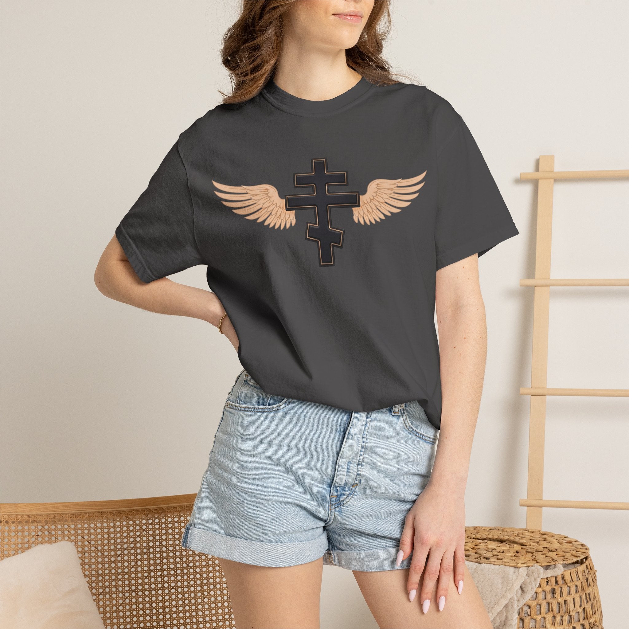 Classic black winged classic Orthodox cross design on a heavyweight garment-dyed t-shirt