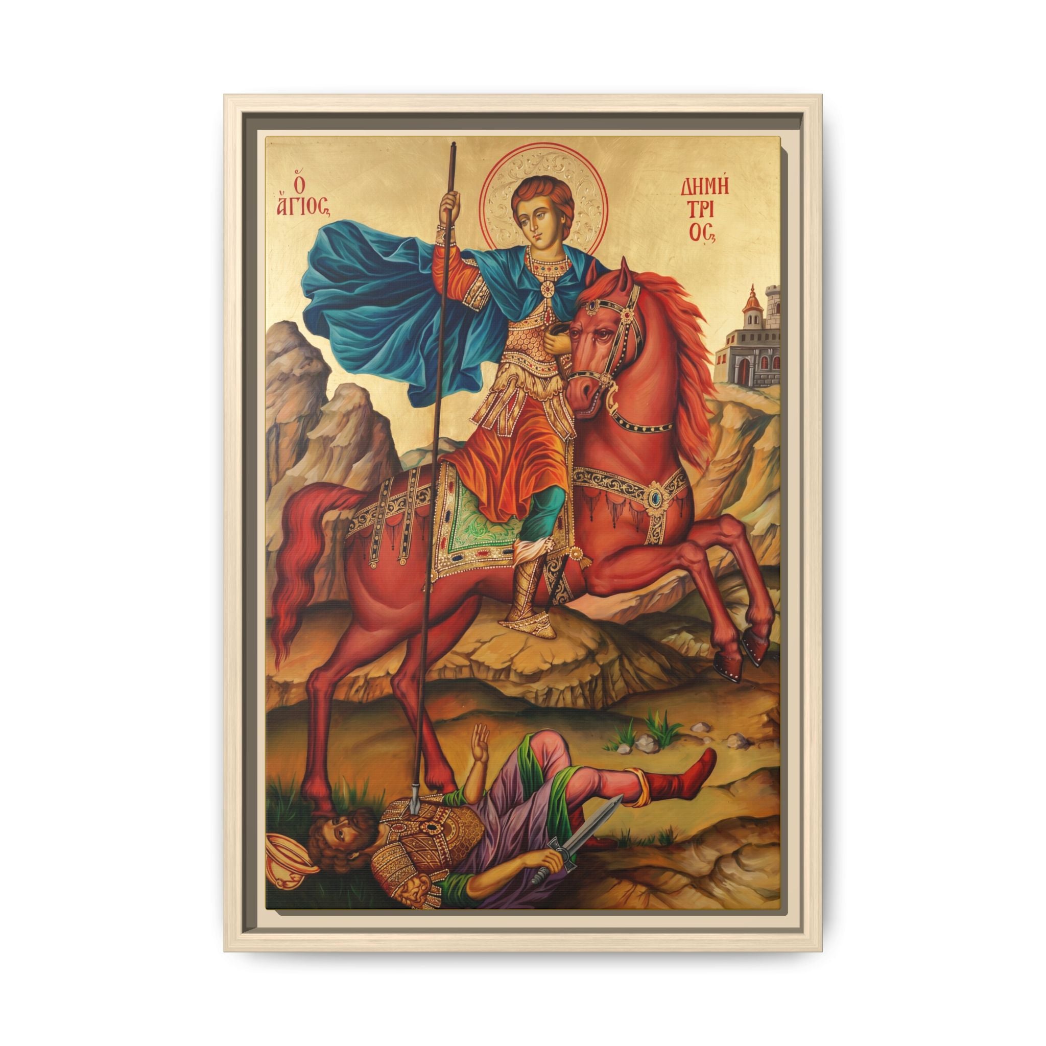 Framed canvas icon of Saint Demetrios of Thessaloniki, traditional Orthodox Christian artwork