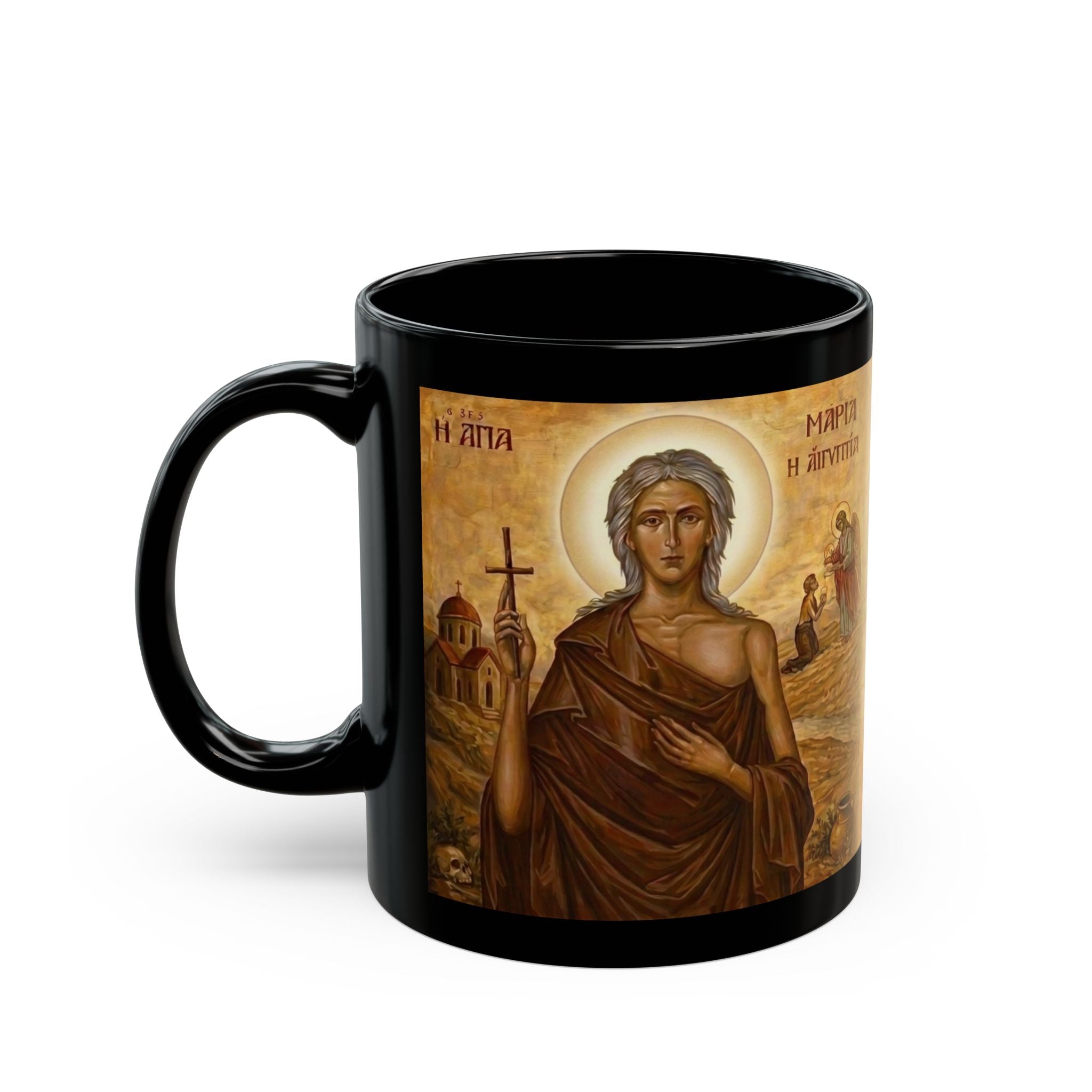 Saint Mary of Egypt Orthodox Christian Black Coffee Mug — Orthodox Christian Gift