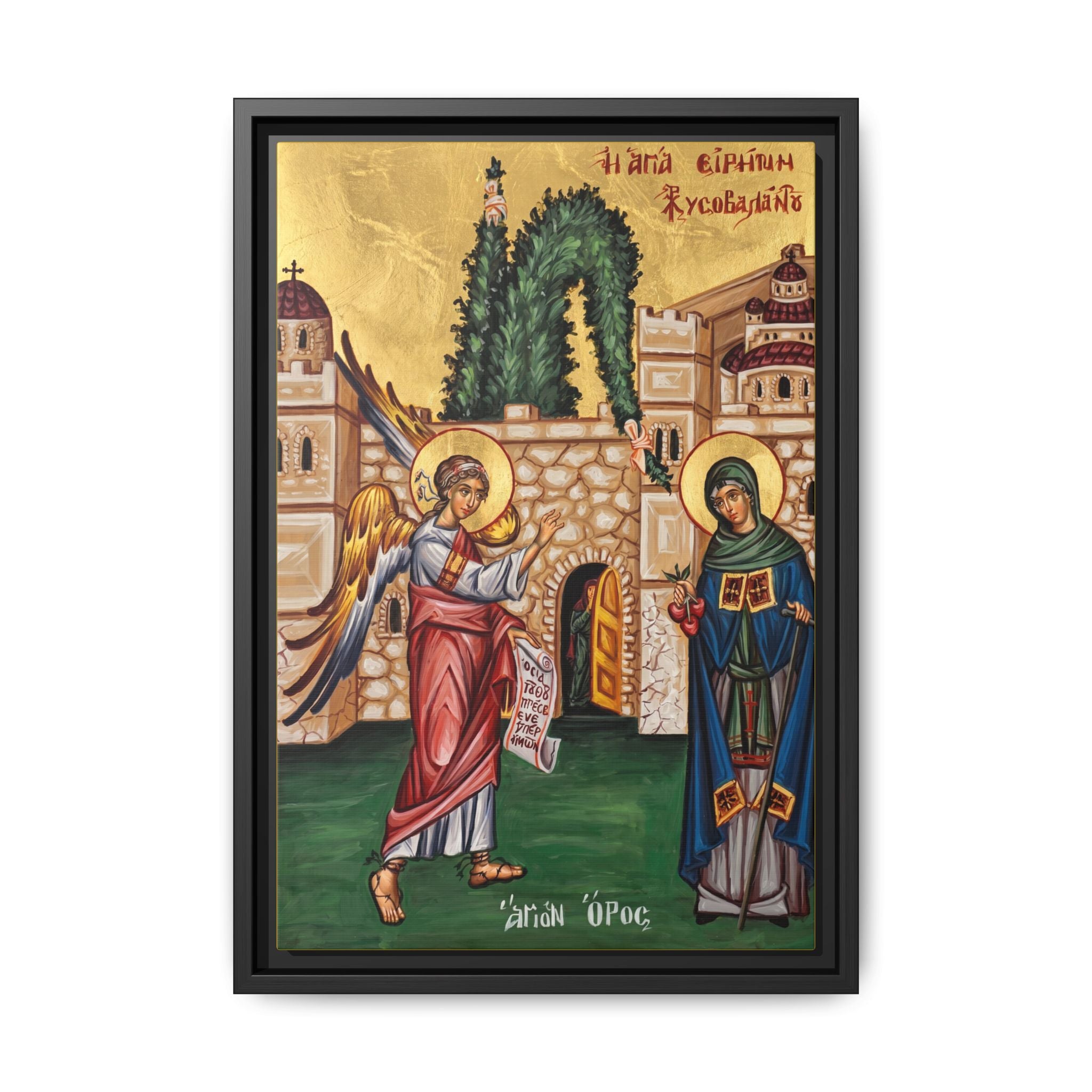 Framed canvas icon of Saint Irene Chrysovalantou, traditional Orthodox Christian artwork