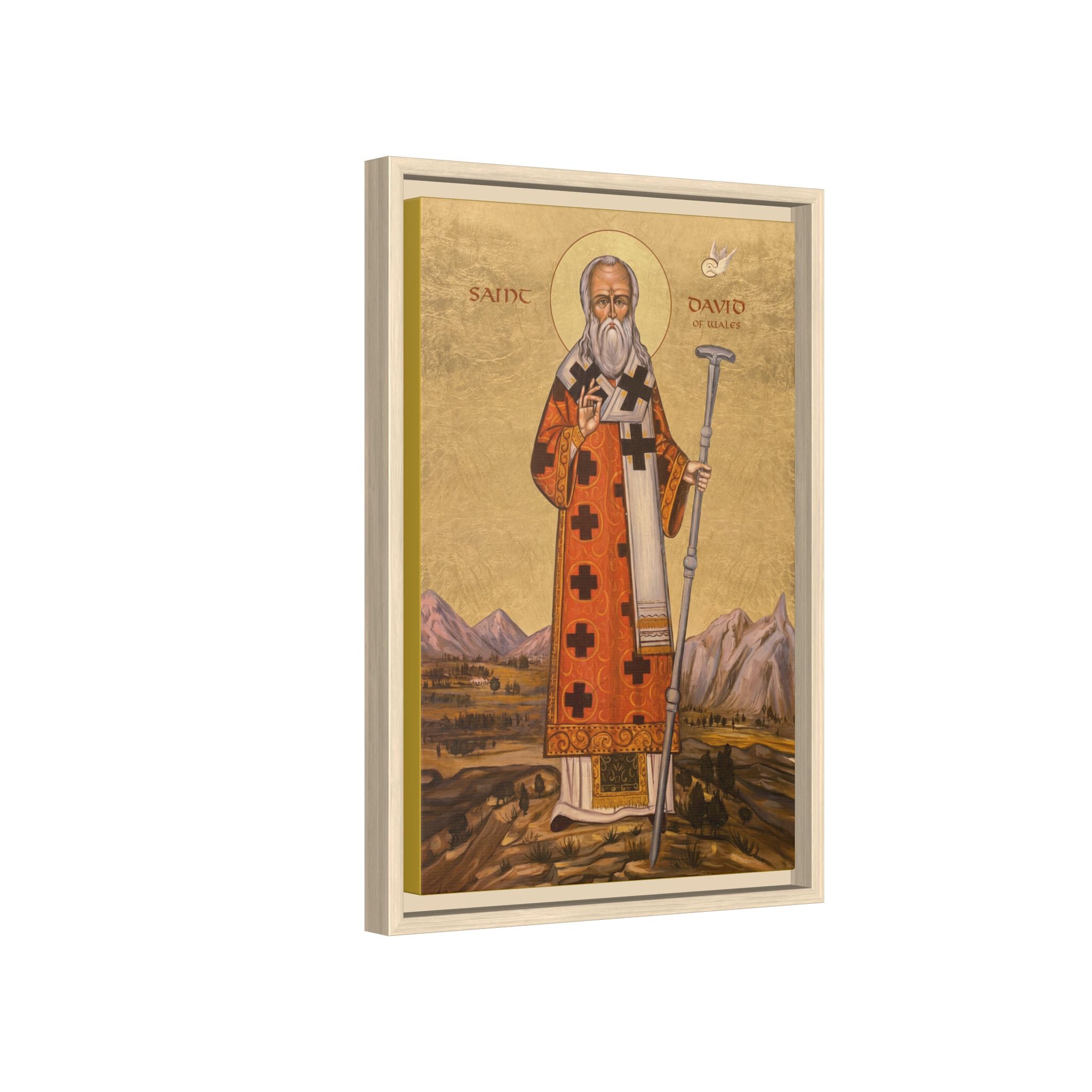 Framed canvas icon of Saint David of Wales, traditional Orthodox Christian artwork