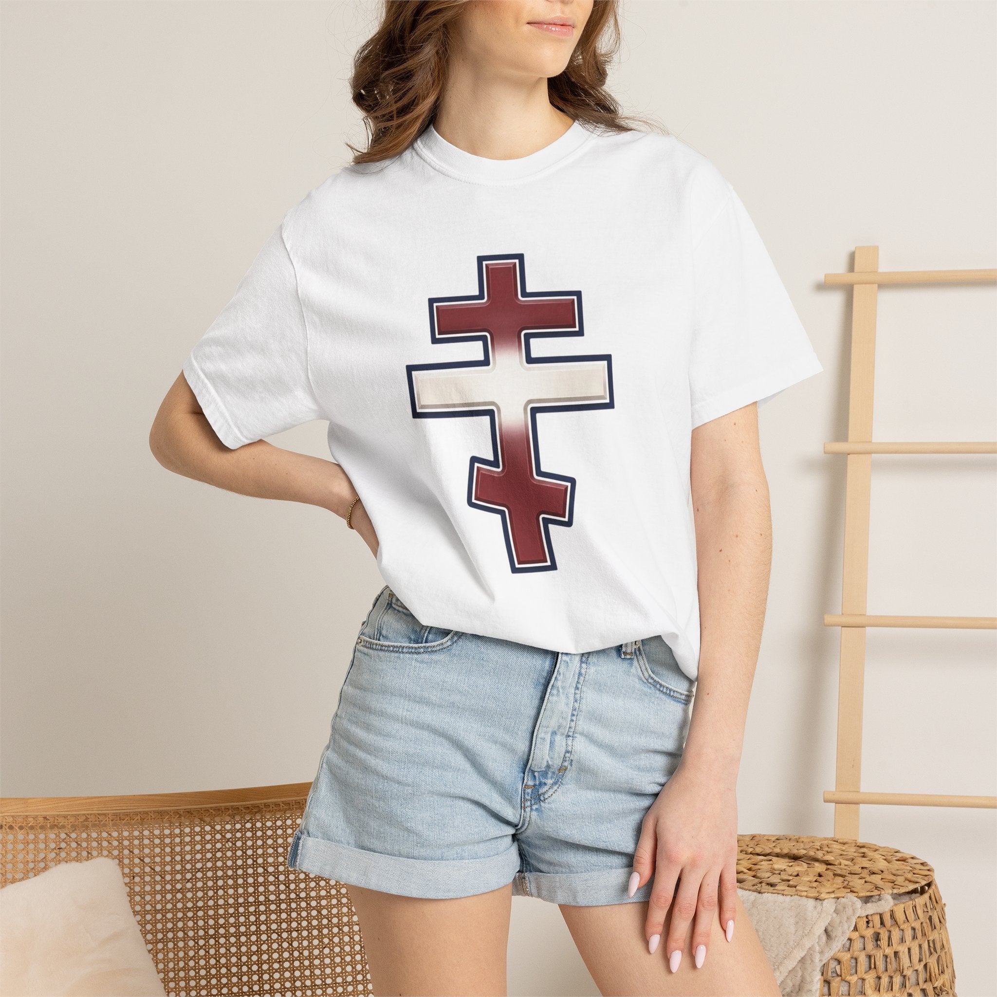 Latvian Orthodox Cross design on a heavyweight garment-dyed t-shirt