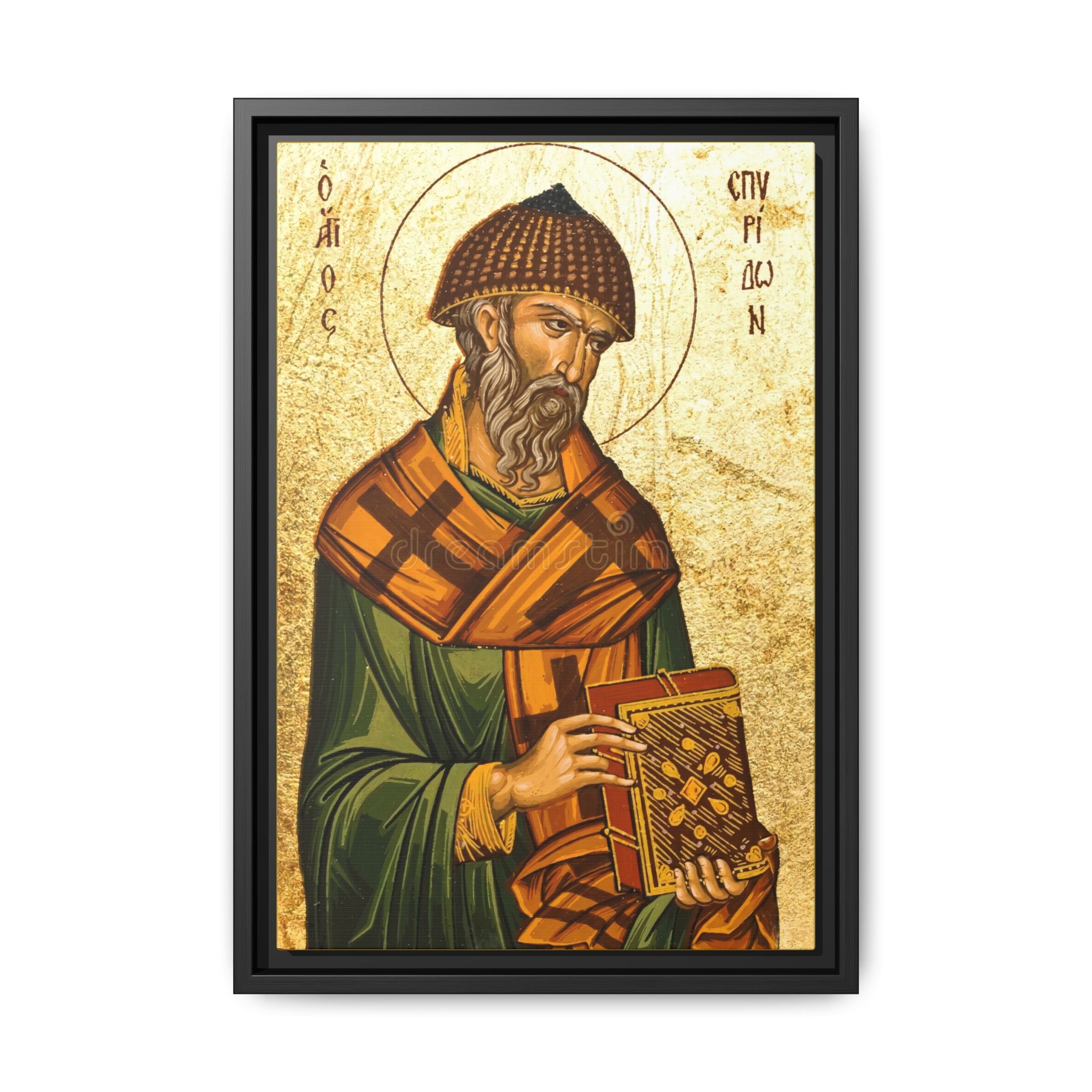 Framed canvas icon of Saint Spyridon of Trimythous, traditional Orthodox Christian artwork