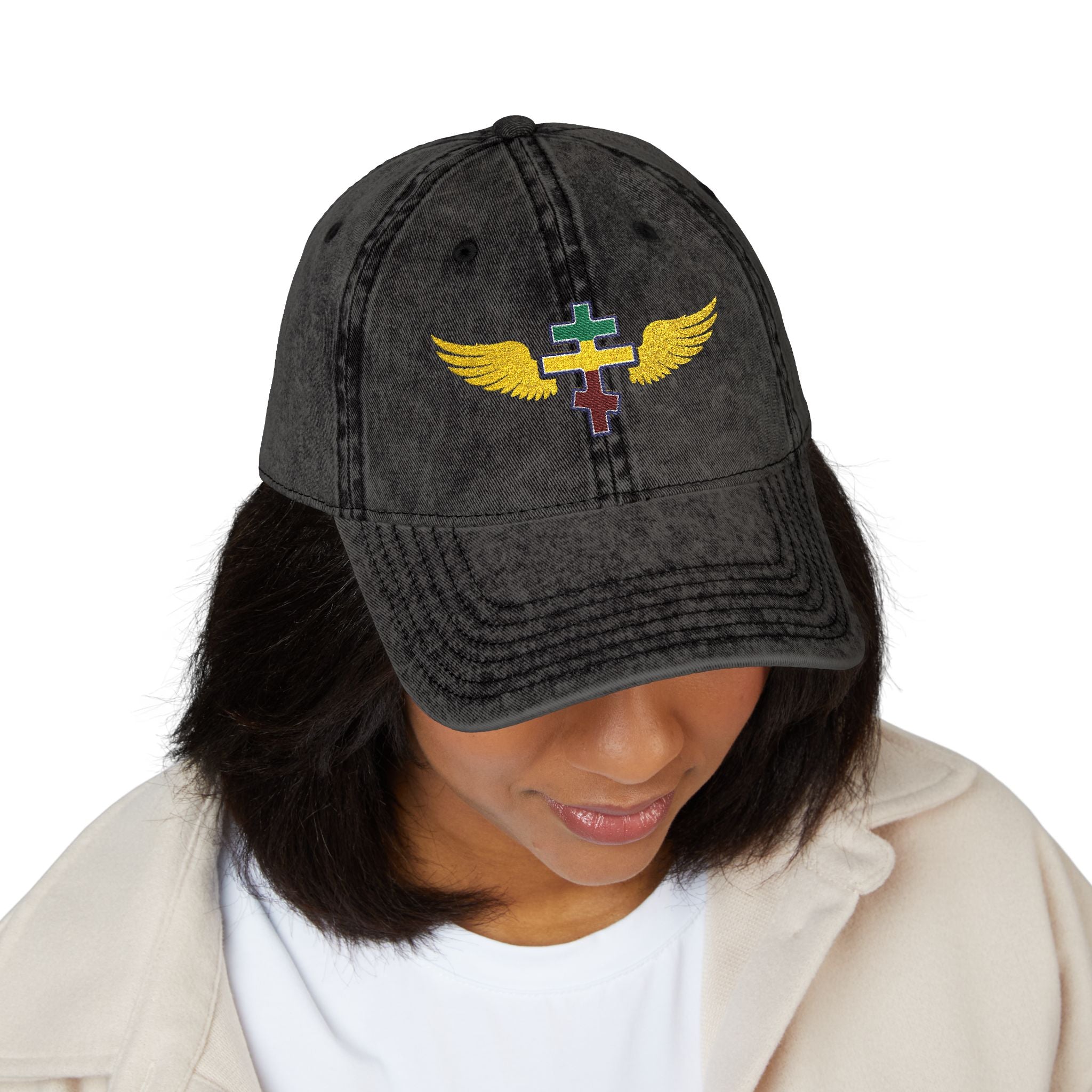 Ethiopian Orthodox cross with wings embroidered on vintage cotton twill cap -- additional view 9