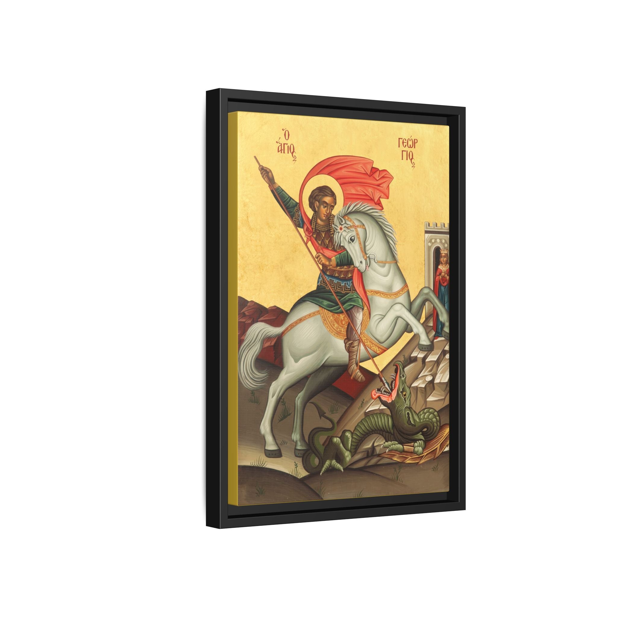 Framed canvas icon of Saint George the Great Martyr, traditional Orthodox Christian artwork