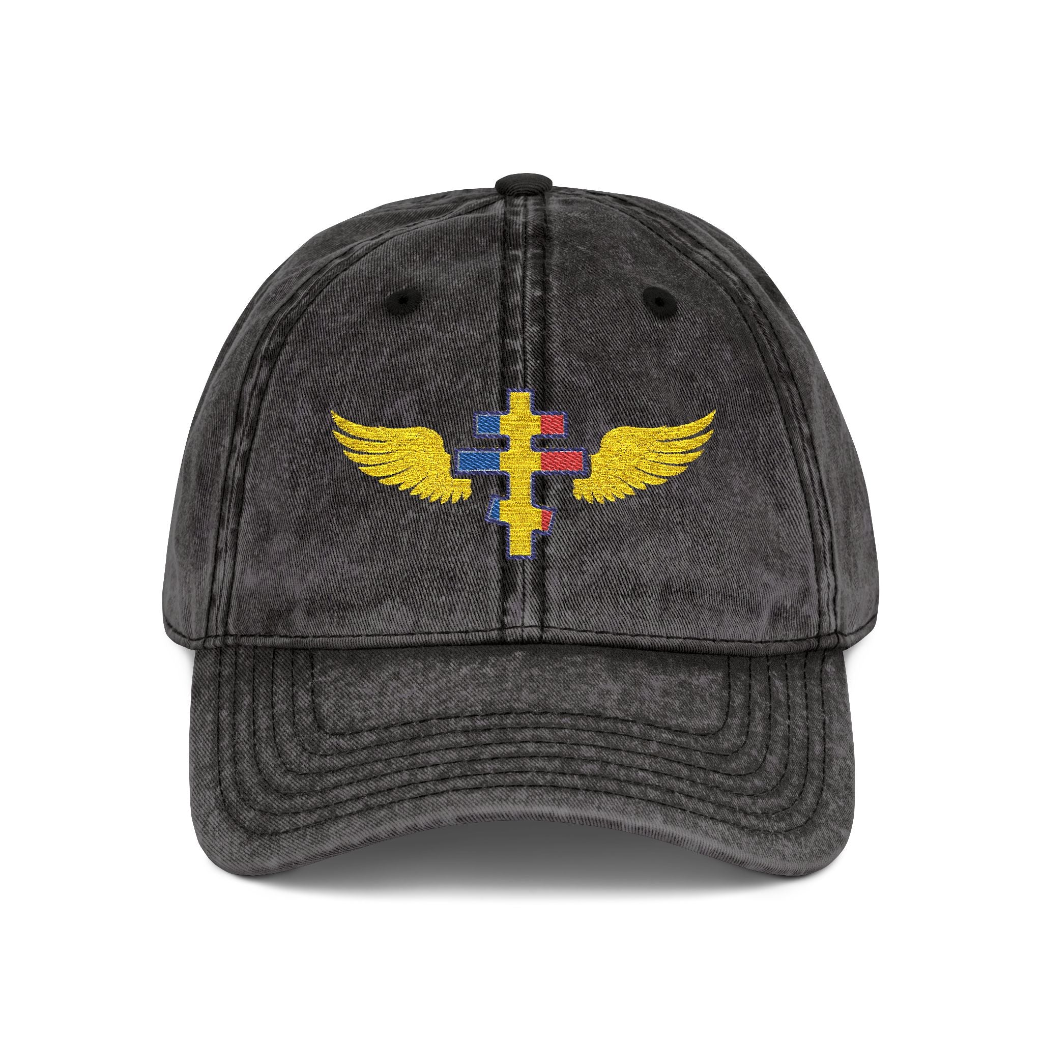 Moldovan Orthodox cross with wings embroidered on vintage cotton twill cap