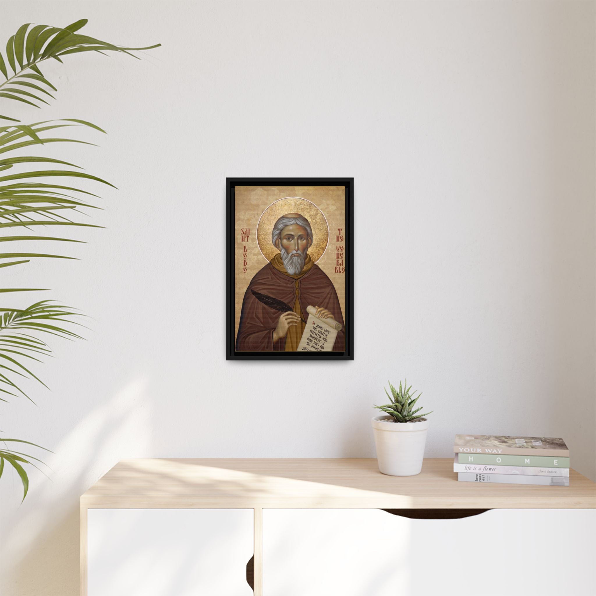 Framed canvas icon of Saint Bede the Venerable, traditional Orthodox Christian artwork