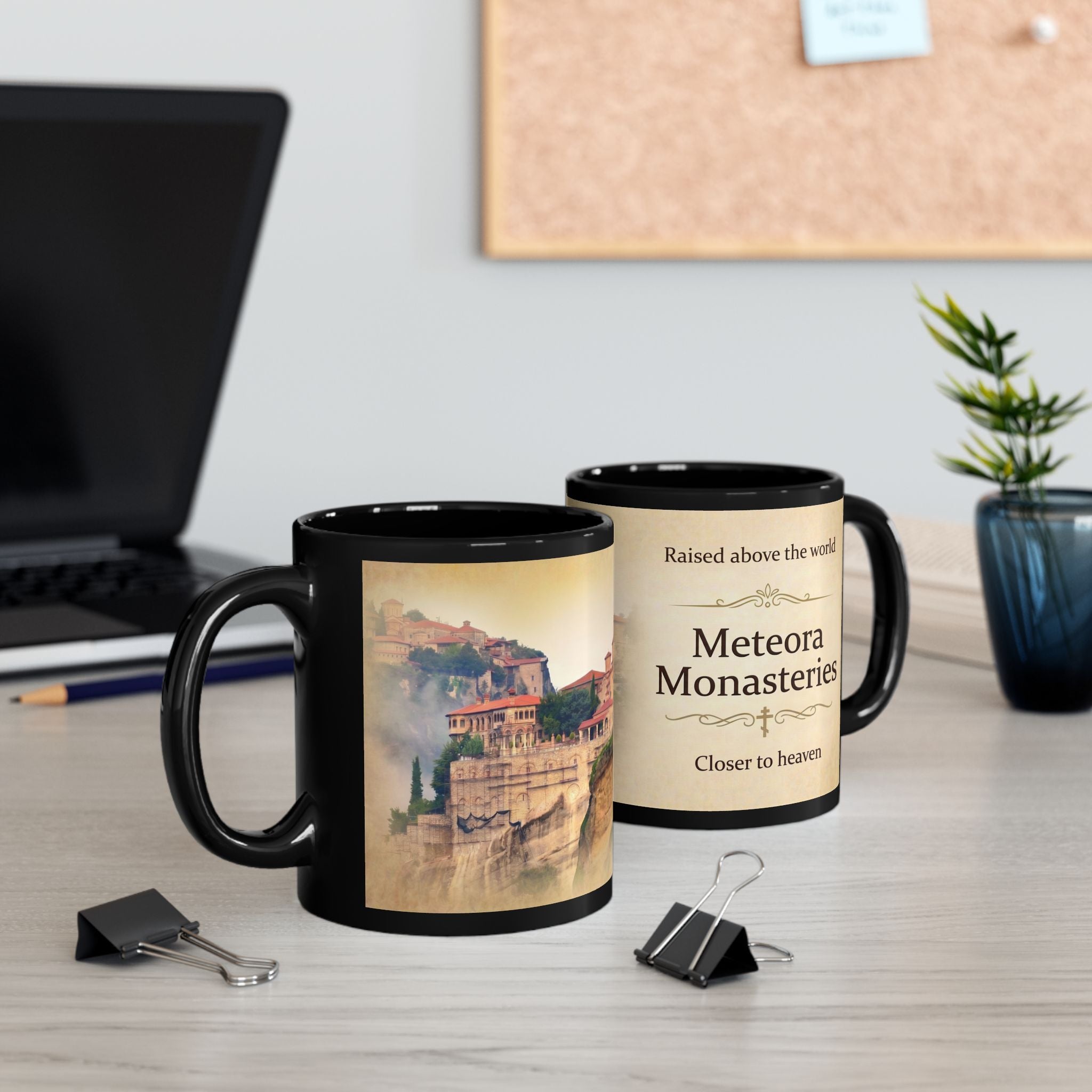 Meteora Monasteries Orthodox Christian Black Coffee Mug — Christian Gift Idea