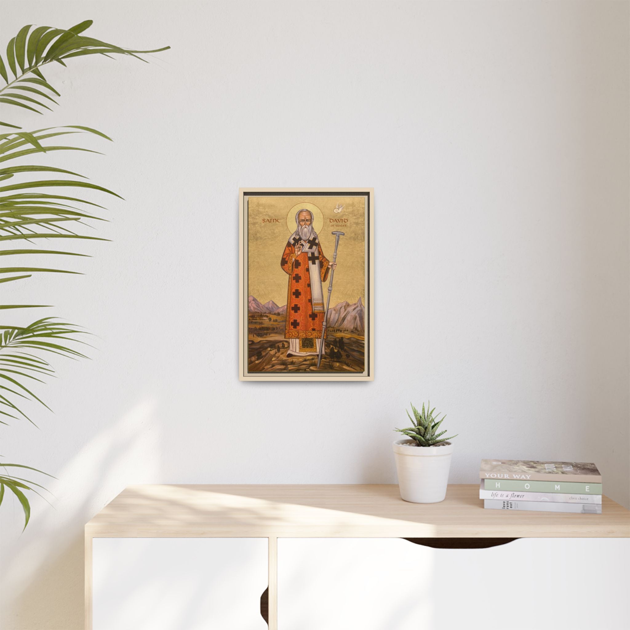 Framed canvas icon of Saint David of Wales, traditional Orthodox Christian artwork