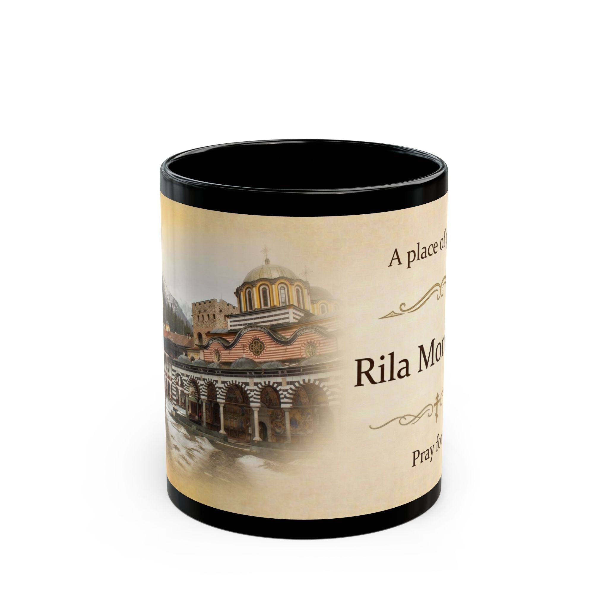 Rila Monastery Orthodox Christian Black Coffee Mug — Orthodox Christian Mug