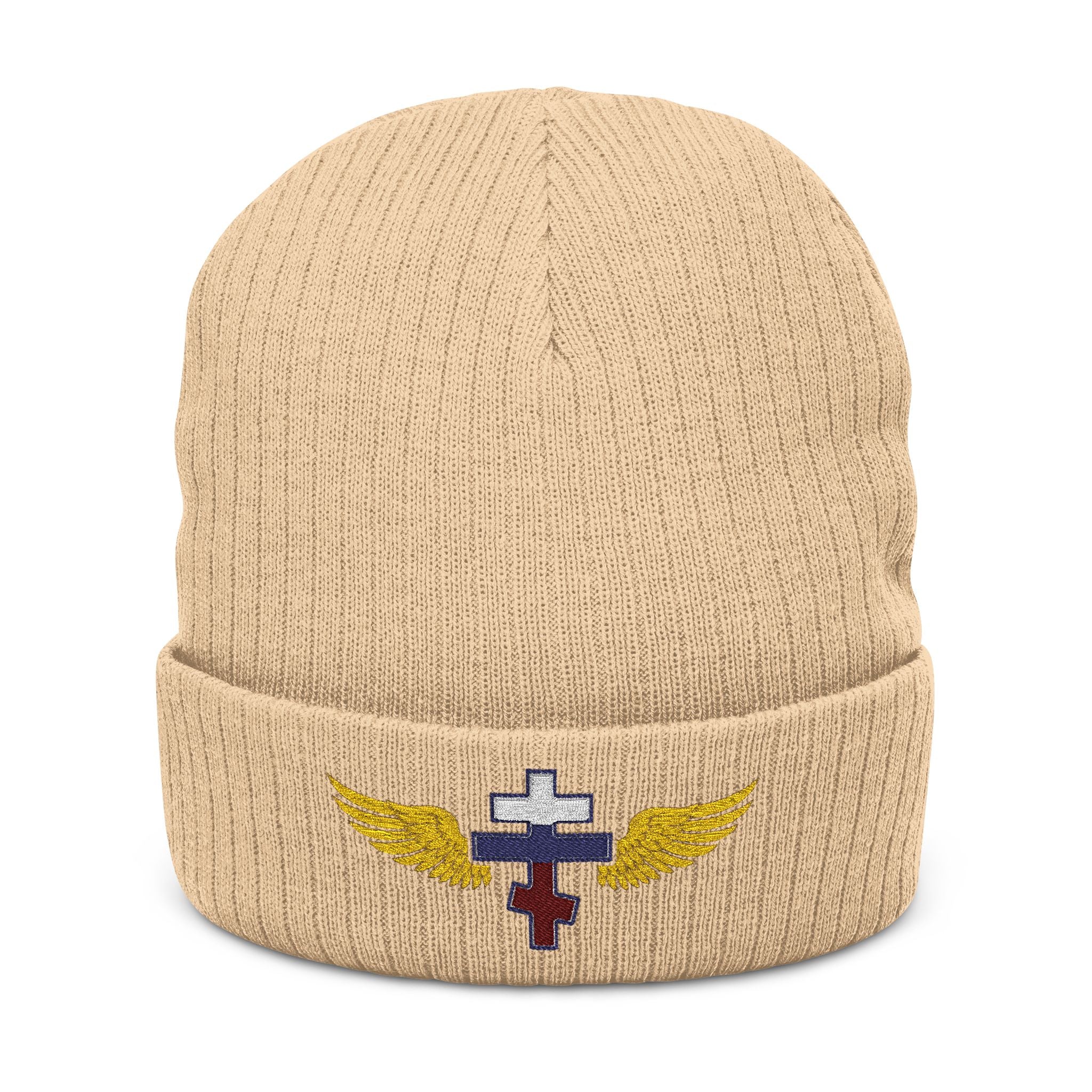 Russian Orthodox cross with wings embroidered on ribbed knit beanie -- additional view 2