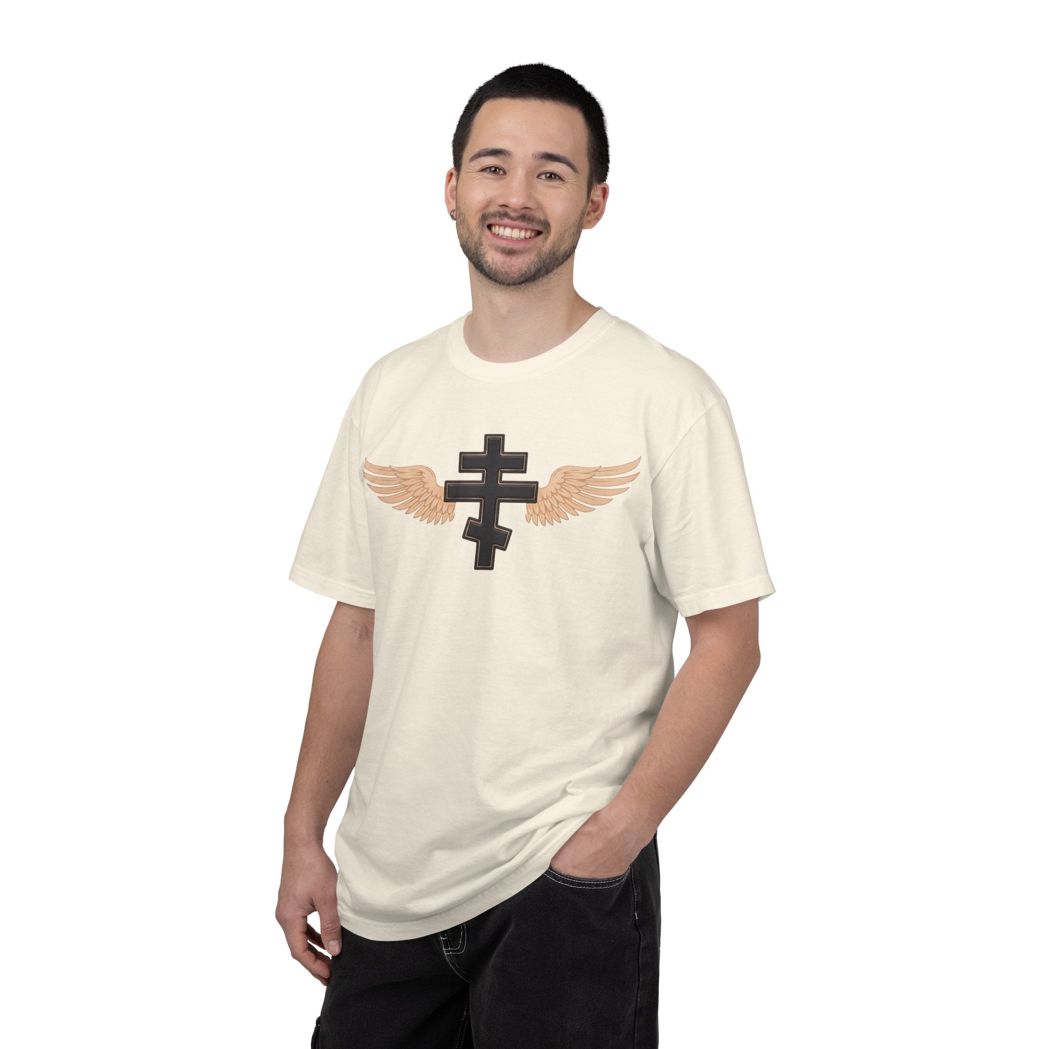 Classic black winged classic Orthodox cross design on a heavyweight garment-dyed t-shirt