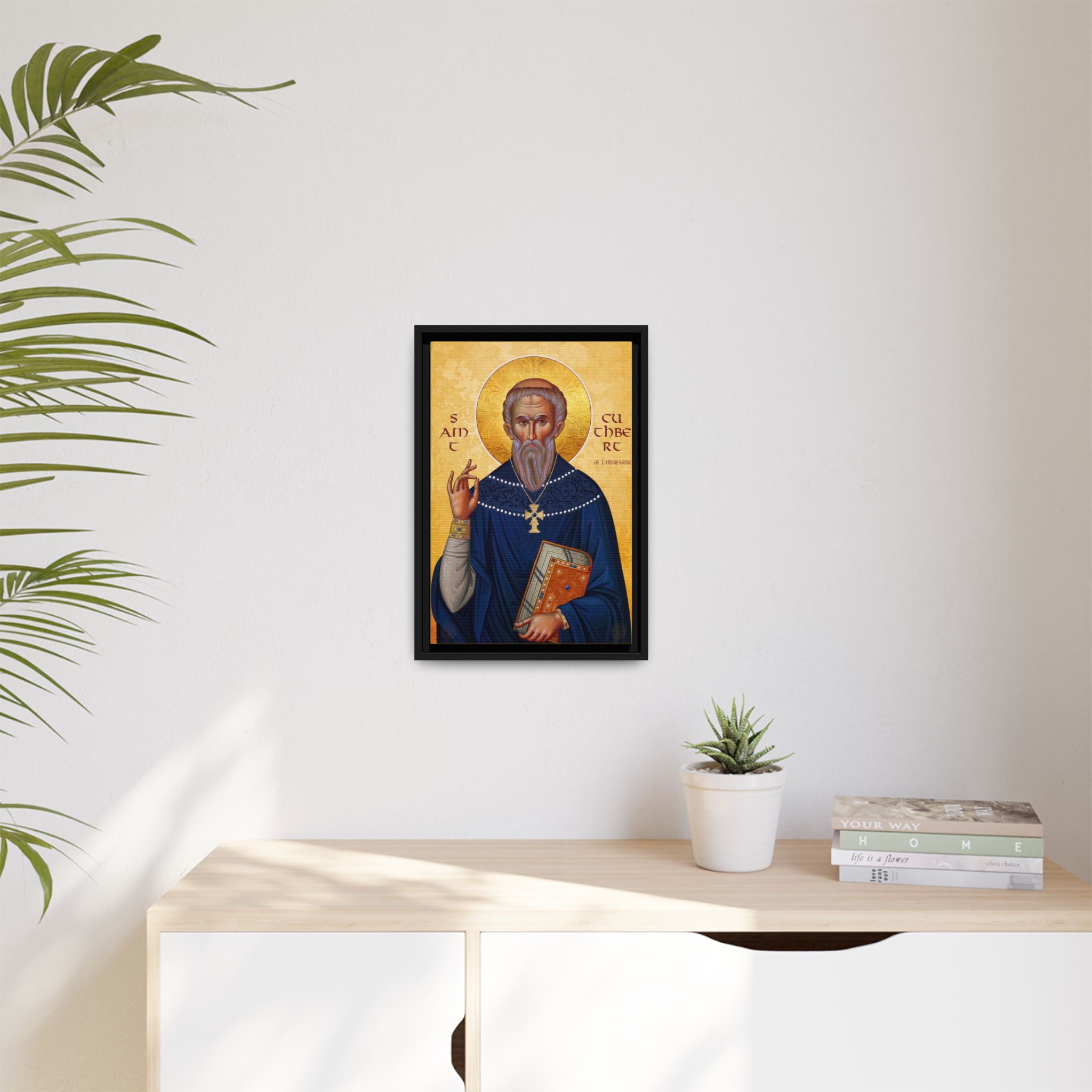 Framed canvas icon of Saint Cuthbert of Lindisfarne, traditional Orthodox Christian artwork