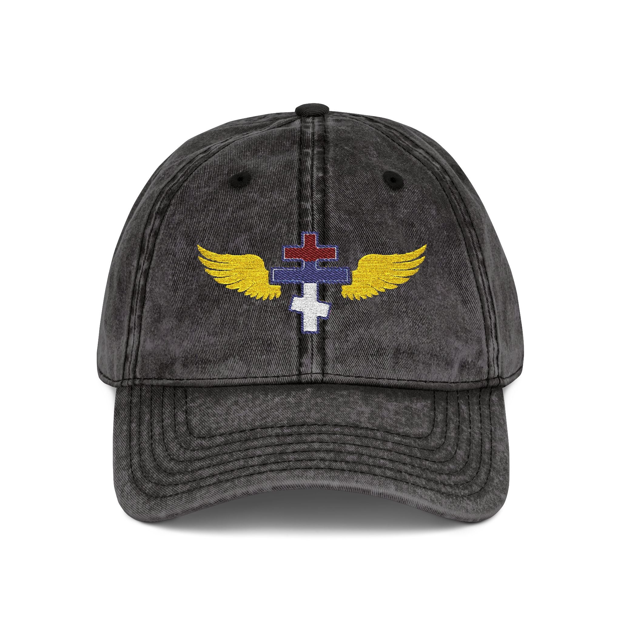 Serbian Orthodox cross with wings embroidered on vintage cotton twill cap