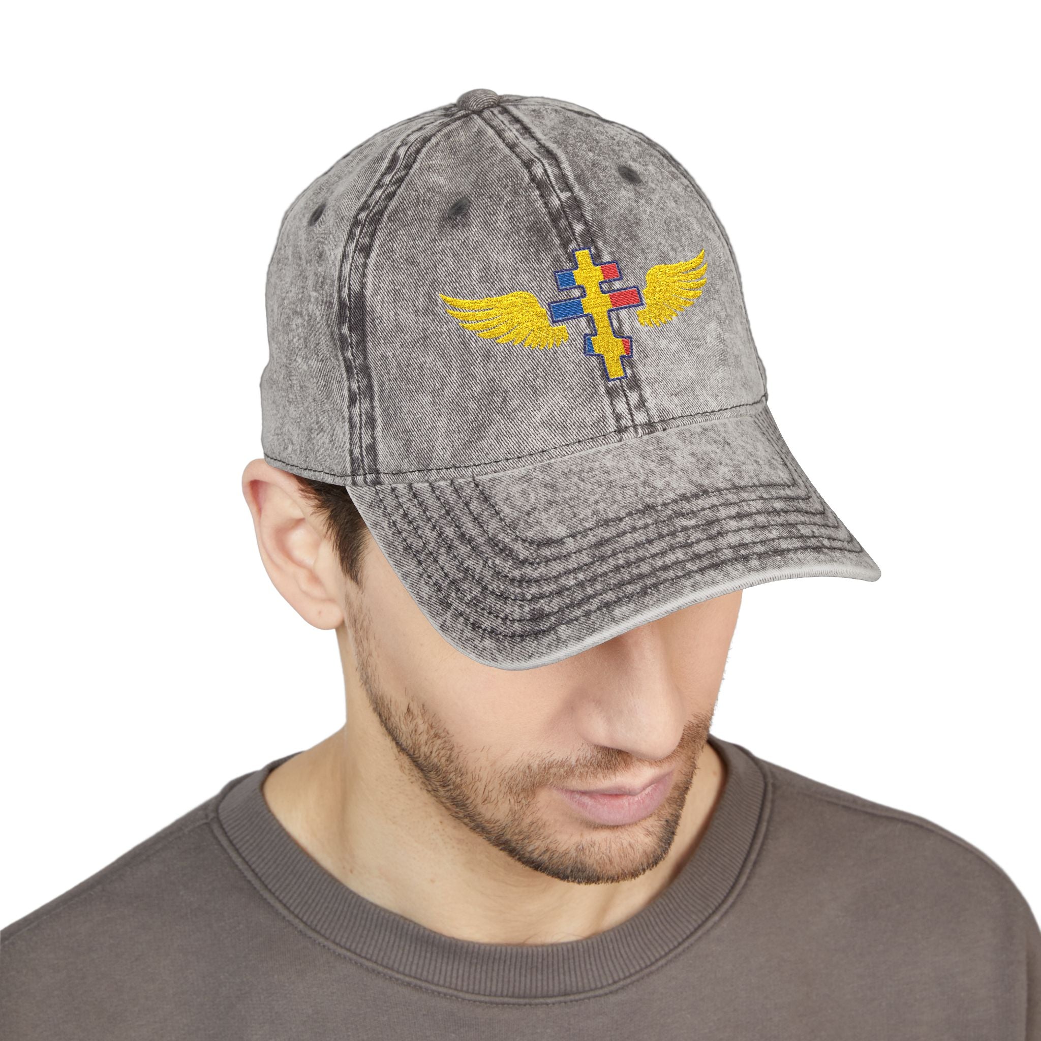Moldovan Orthodox cross with wings embroidered on vintage cotton twill cap -- additional view 10