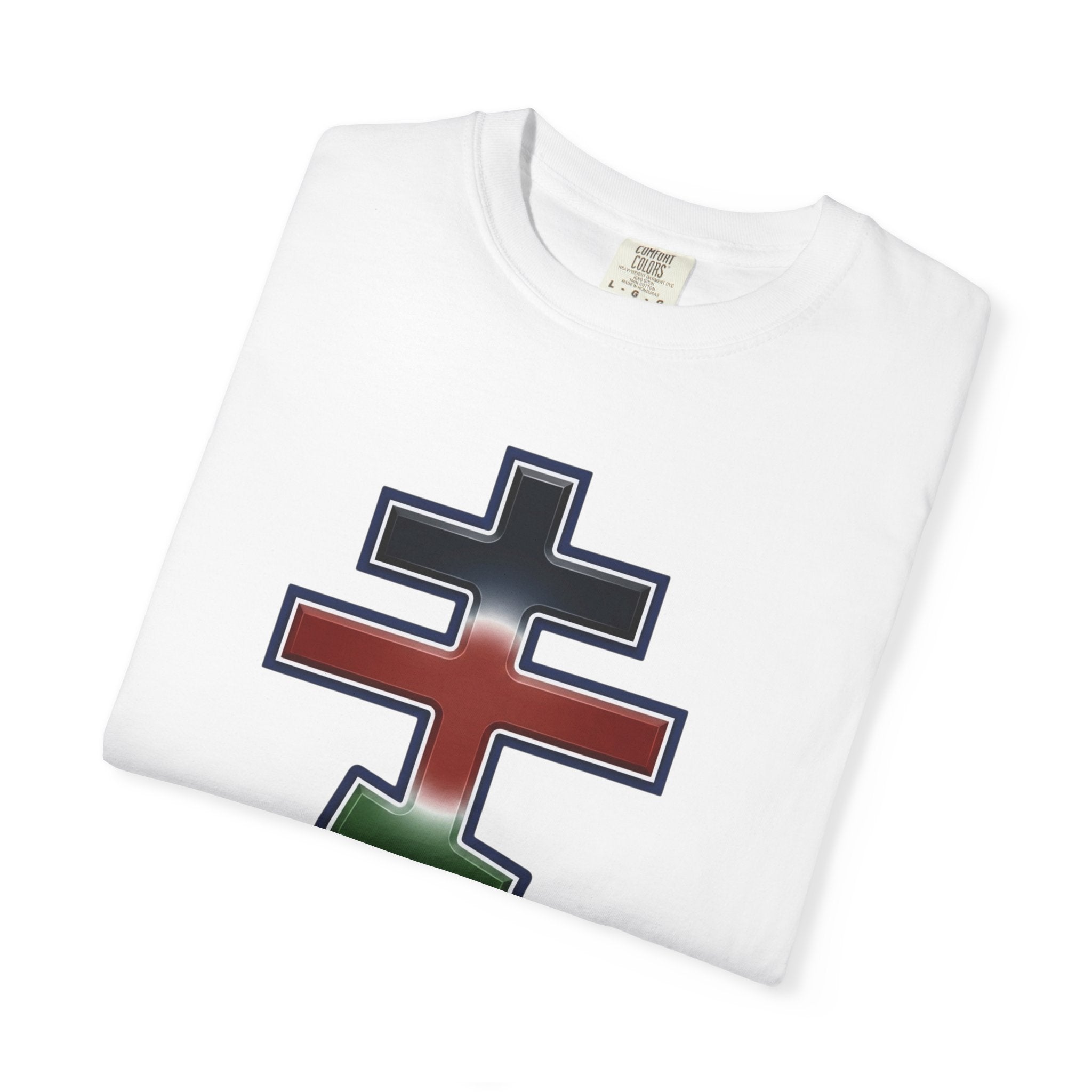 Kenyan Orthodox Cross design on a heavyweight garment-dyed t-shirt